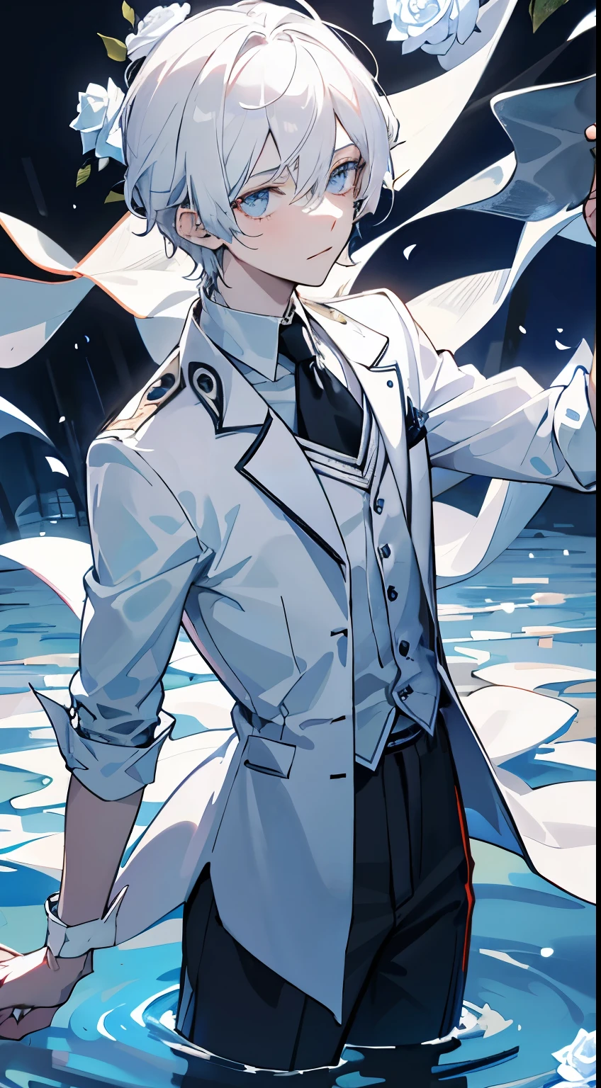 1boy,Male,Young man,Pale teenager,(((Rose blanche))),white shirt,((bandagens)),bloods,The screen contrast is low,High brightness,White hair,Rose flower,bloods,Light blue leaves,softlighting,misterious ambience,flood