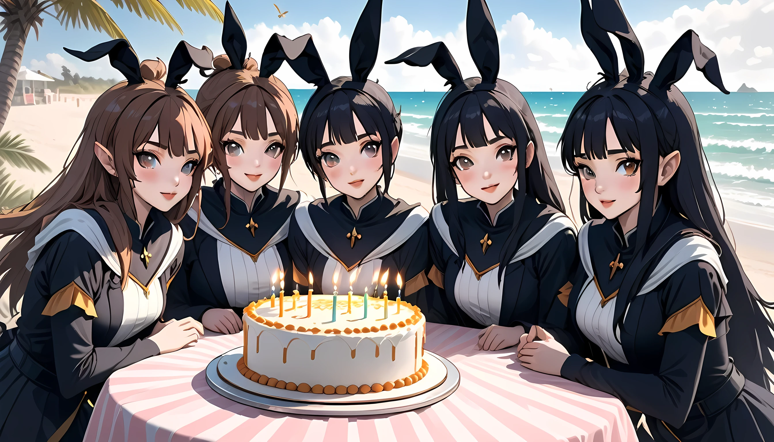 5 girls, 1 bunny girl, 1 witch, 1 knight, 1 professor, 1 elf, party at the beach, excited, celebration, cake, (best quality,4k,8k,highres,masterpiece:1.2),ultra-detailed,(realistic,photorealistic,photo-realistic:1.37),beautiful detailed eyes,beautiful detailed lips,extremely detailed eyes and face,longeyelashes,vibrant colors,dramatic lighting,dynamic composition,fantasy,magical,whimsical