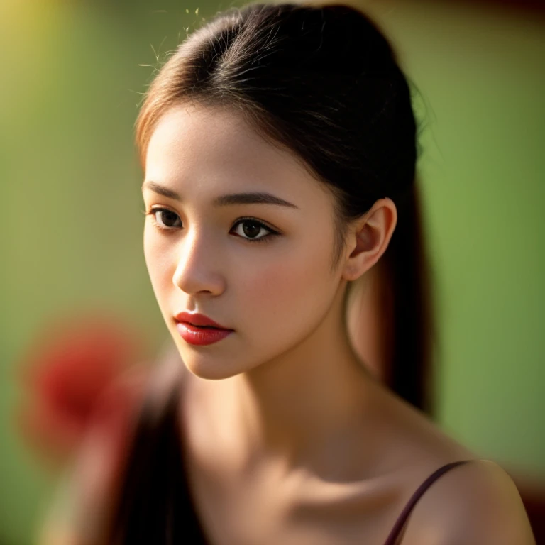 Beautiful Thai woman, 25 years old, with a clearly focused face.,The ponytail is very beautiful., His long hair flowed up., dark red t-shirt, Various postures, Looking straight at you intently, with red flowers, ในร้านอาหารกลางคืนสว่างWarm light,) Warm light,) professional lighting, Sony A7R4, 50mm sessile lens. Warm light ถ่ายด้วยกล้องคุณภาพสูง 45,000,000,000,Pixels, realistic light colors,