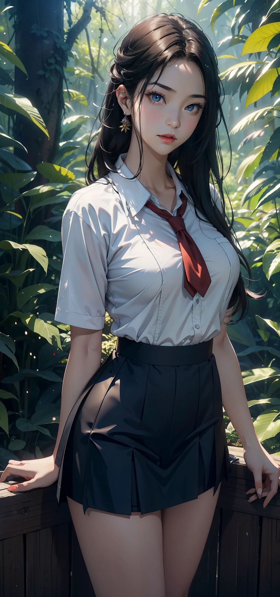 1 female，Large Breasts（background：In the woods，Rainforest，In the summer，oxygencean） She has short black hair，，Straight Hair，red lips，stand，Front view， oxygen， gloomy sky，（（（masterpiece），（Highly detailed CG in Nity 8k wallpaper），最oxygen质量，Light，详细background，beautiful eyes，（Very delicate and beautiful），（Beautiful and detailed description of the eyes），在ltra Detailed，masterpiece，）），face camera，high resolution，在ltra Detailed），House violence，Exposing genitals， Convex，Camel toe，性感Convex出，High School Students（wear：，Blue school uniform）