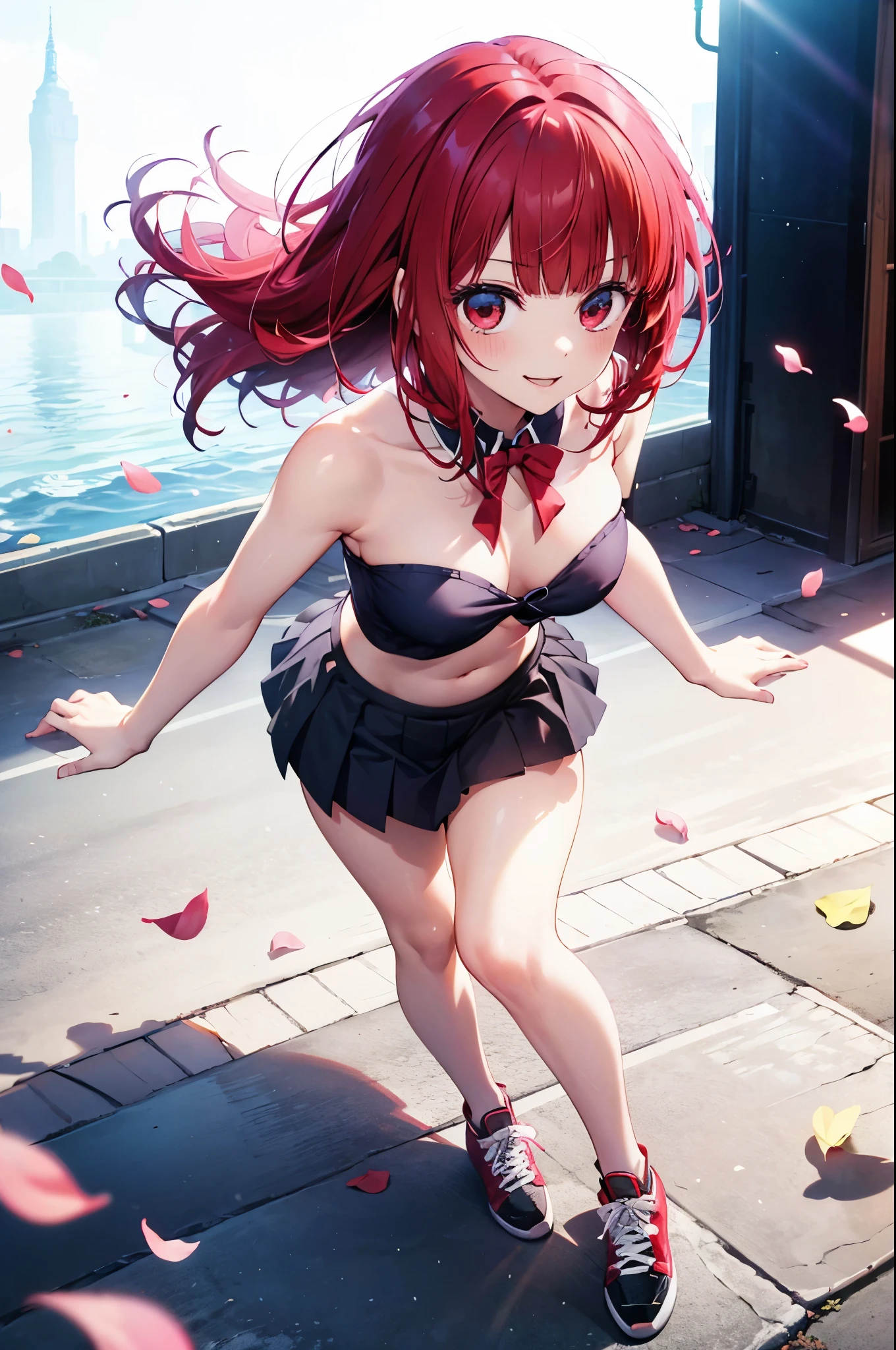 realistic image, detailed image, coherent image, 1 beautiful girl, she has shoulder length hair with blunt bangs, red hair, red eyes, smiling expression. She is wearing a strapless top, showing her navel, thin thong, pleated miniskirt, sneakers, She has a curvy body, small breasts and thick thighs, She is standing, legs crossed, arching her back, white background, uniform background , flower petals falling around, Soft focus, full body view, Dramatic shadows, Volumetric lighting, natural lighting,arima_kana