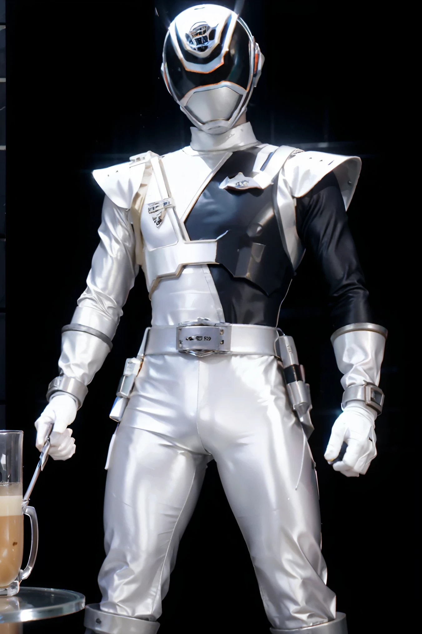 Fantasy background, cafe rpg style, empty chair, table, set of tea glass, (power rangers)), One guy、white shadow gray  costume, Solo, ((fit figure)), (Anatomically correct), Cowboy shot, masked face, guns, muscular build