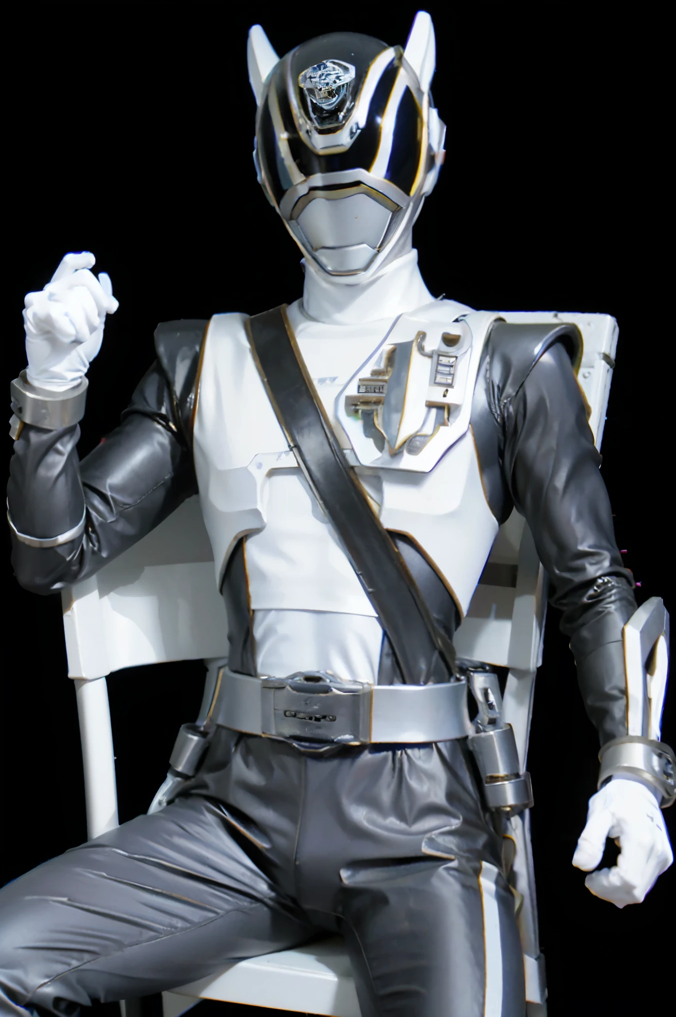 Fantasy background, cafe rpg style, empty chair, table, set of tea glass, (power rangers)), One guy、white shadow gray  costume, Solo, ((fit figure)), (Anatomically correct), Cowboy shot, masked face, guns, muscular build