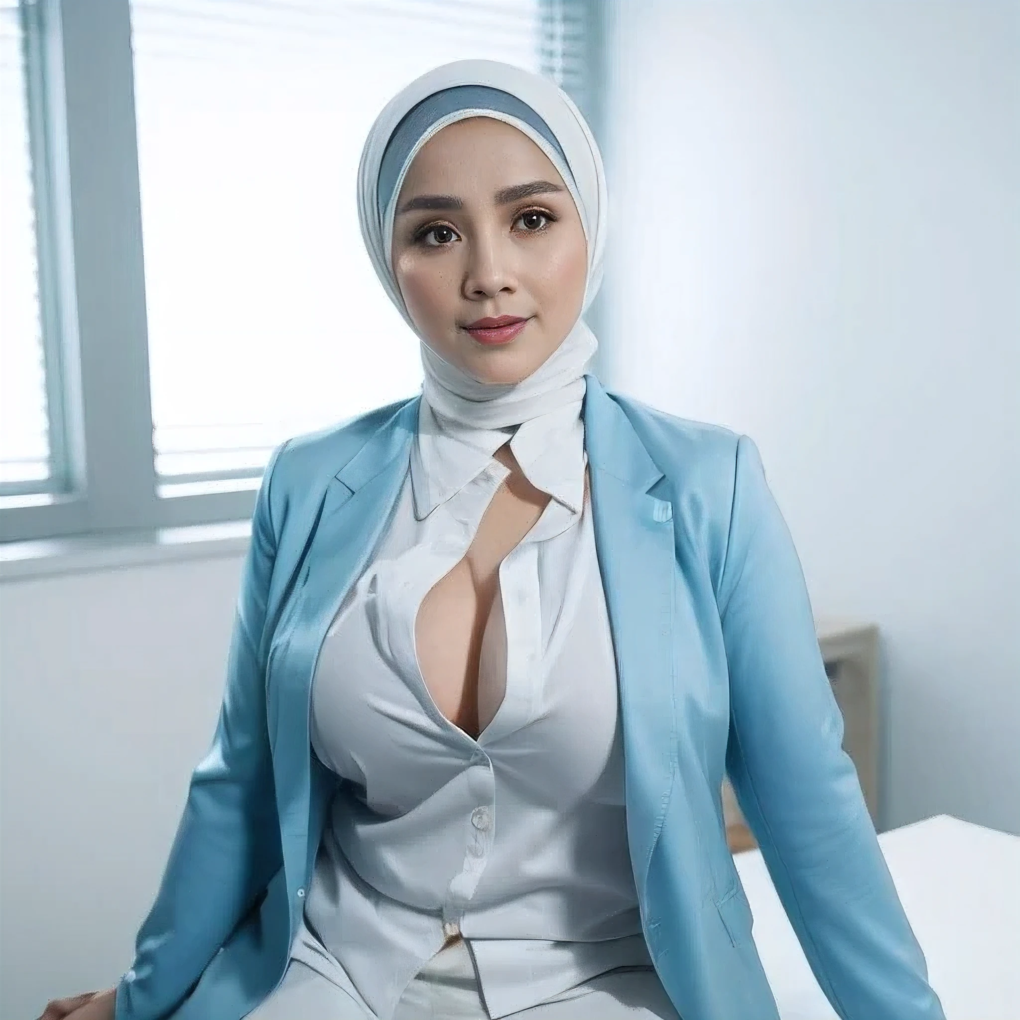 56 Years Old, ((Beautiful Hijab Nerdy Indonesian Mature woman)), White Porcelain skin, (Huge Tits) Curvy body, wearing Blazer, ((Tight Unbuttoned Blazer)), ((No Bra)), (Curvy Body), Full body shot, Professional Photoshot, Professional High Lightning, At Daytime, Light Colour, 7560P, Canon EOS 250D, 128K UHDR Best Quallity