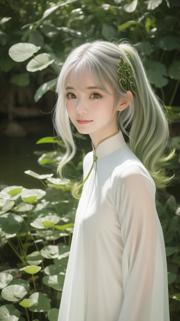 masterpiece, Best Quality, hight resolution, portlate, (((detail portrayal, 8K resolution))), (((Beautiful face drawn in detail))), thin body, slender line, slender body, No makeup, no makeup, natural makeup, Smirking expression, Solo, bright light green eyes, ((Beautiful silky silver hair)), (((Beautiful Ao Dai:1.3, Ao Dai, Beautiful White Ao Dai))), plein air, Lake Lotus