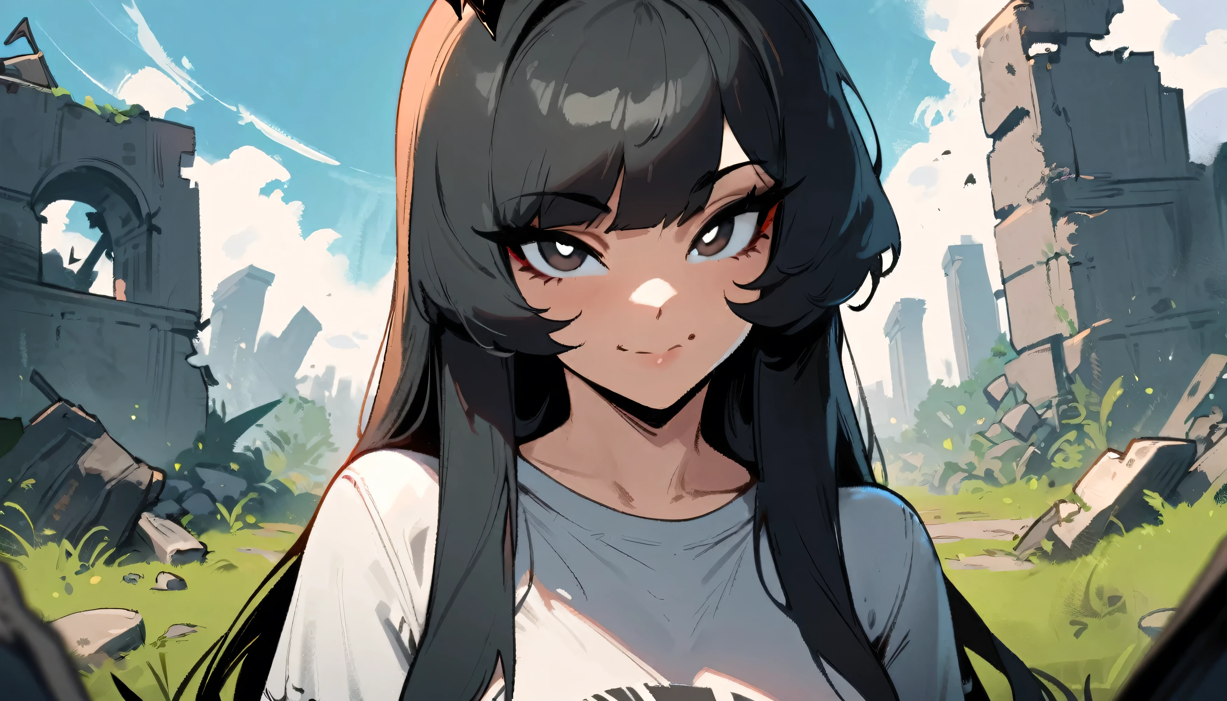 1girl,virtuosa \(arknights\) \\\\\ masterpiece, best quality, very aesthetic, absurdres, newest, , ///// by nyantcha, cutesexyrobutts, by khyle \\\\\ ,,,,,,light smile,,solo,, , , sky,, looking at viewer, ,,in the centre of shot, black hair, black eyes, bad girl, sadistic, arrogant, 18 years old girl, original outfit, skirt, white t-shirt, portrait,splash art, detailed face, ruins, stones, piece sign, grass,flying crown