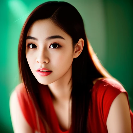 Beautiful Thai woman, 25 years old, with a clearly focused face.,The ponytail is very beautiful., His long hair flowed up., dark red t-shirt, Various postures, Looking straight at you intently, with red flowers, ในร้านกาแฟWarm light,) Warm light,)  professional lighting, Sony A7R4, 50mm sessile lens. Warm light ถ่ายด้วยกล้องคุณภาพสูง 45,000,000,000,Pixels, realistic light colors,