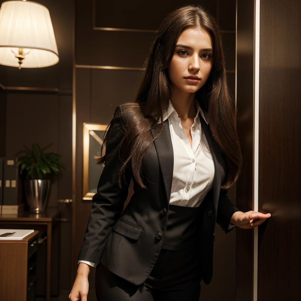 a successful beautiful girl in a business suit, detailed facial features, long hair, confident pose, elegant office interior, intricate details, realistic lighting, photorealistic, high resolution, detailed description, masterpiece, vibrant colors, cinematic lighting, dramatic composition