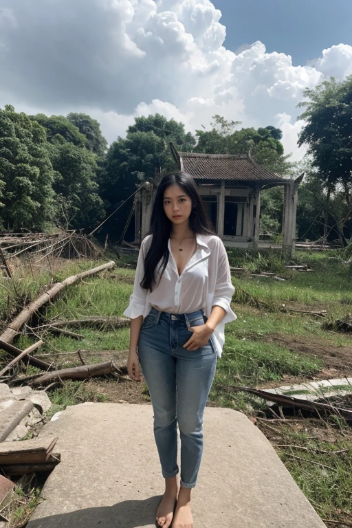 Thai woman, Look at the viewer., long hair, shirt, jeans, cloud, day, sky,outdoor, After the Apocalypse, ruins, view, tree, water,