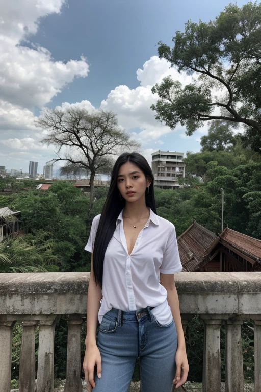 Thai woman, Look at the viewer., long hair, shirt, jeans, cloud, day, sky,outdoor, After the Apocalypse, ruins, view, tree, water,