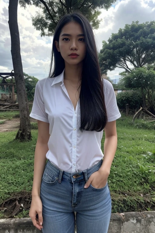 Thai woman, Look at the viewer., long hair, shirt, jeans, cloud, day, sky,outdoor, After the Apocalypse, ruins, view, tree, water,