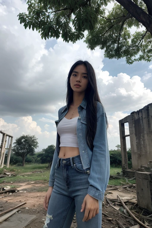 Thai woman, Look at the viewer., long hair, shirt, jeans, cloud, day, sky,outdoor, After the Apocalypse, ruins, view, tree, water,