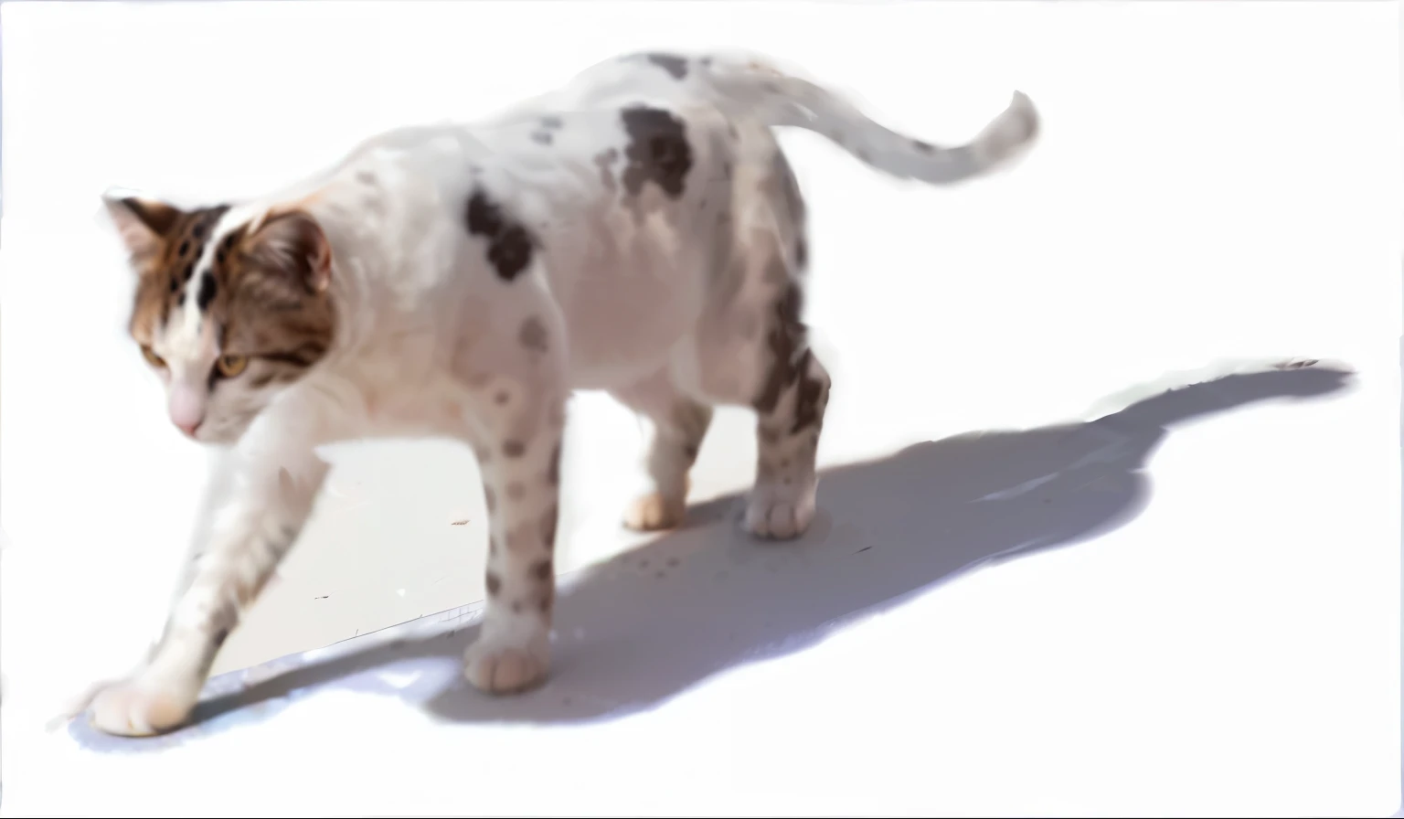 there is a cat that is walking on the ground with a shadow, white with chocolate brown spots, the cat is walking, an ai generated image, drawn with photoshop, cat merged elephant head cow, male emaciated, digitally painting, running cat, white with black spots, denoised, digitally painted, anthropomorphic female cat, drawn in microsoft paint
