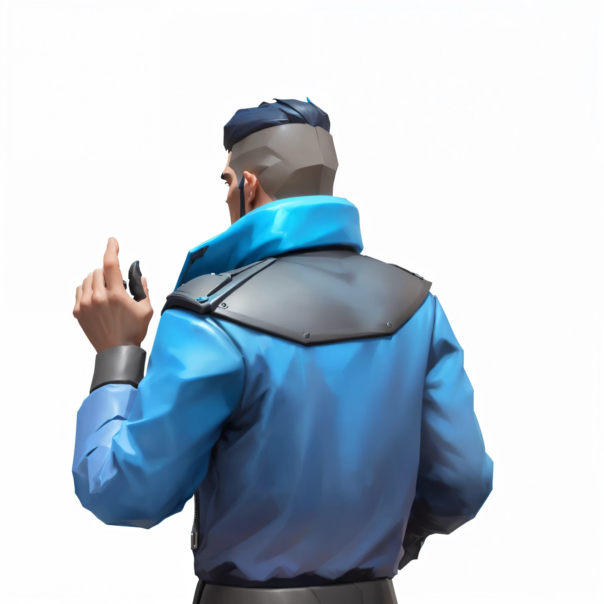 a close up of a person in a blue shirt and a black jacket, heavy gesture style closeup, high detail iconic character, stylized character, character posing, valorant character, 3d render of jerma 9 8 5, male character, fortnite character, stylized stl, hand painted textures on model, close up character, stylized cel shading, character render