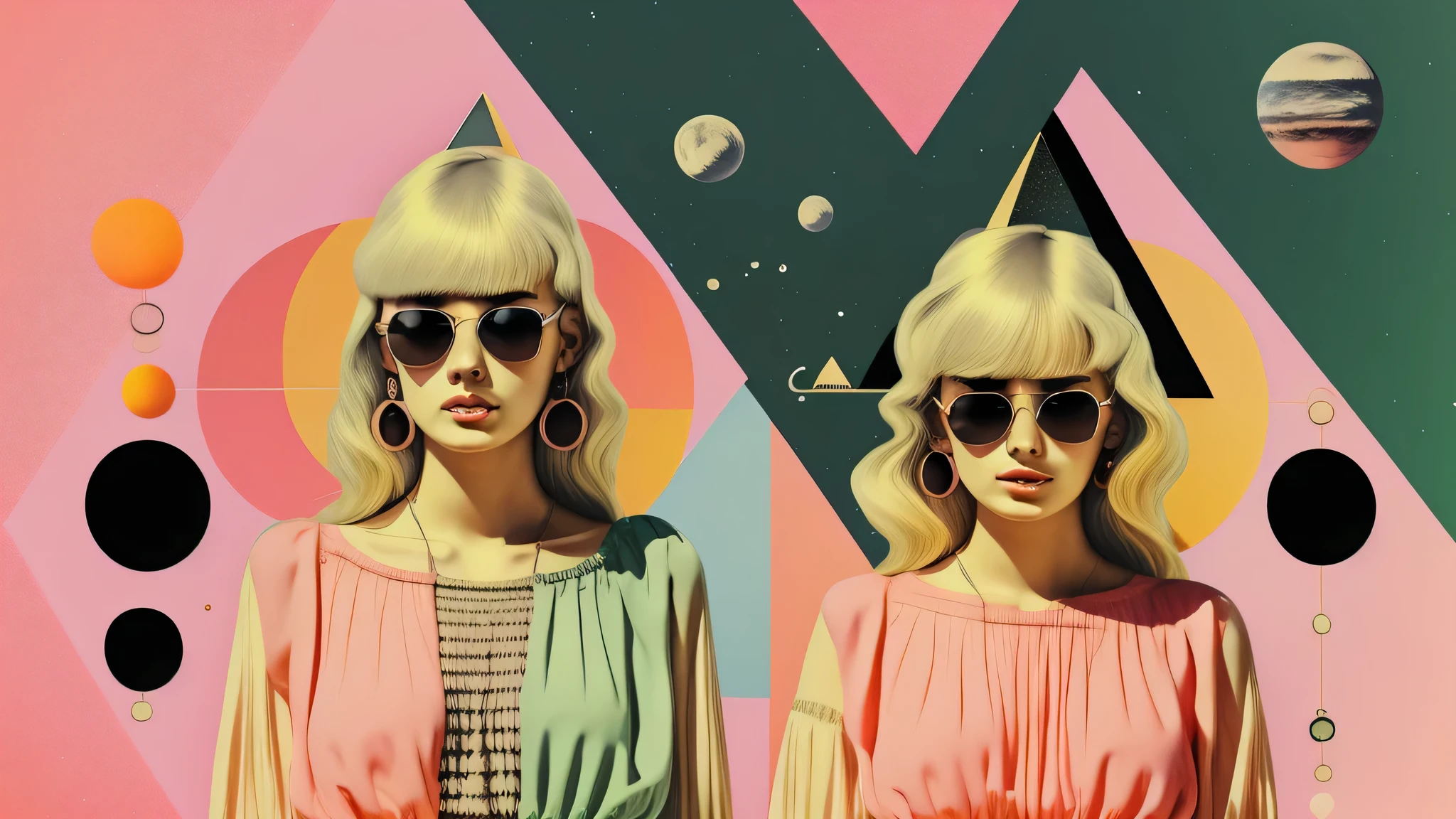 There is only one woman on the screen、There is a triangle and a crescent moon above his head.、Blonde European woman wearing sunglasses with green circles on a pink background