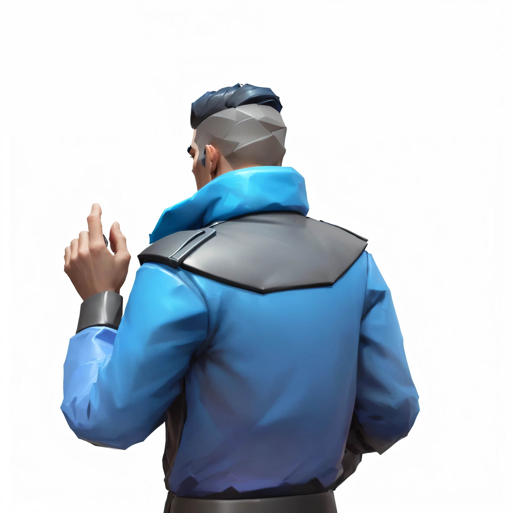 a close up of a person in a blue shirt and a black jacket, heavy gesture style closeup, high detail iconic character, stylized character, character posing, valorant character, 3d render of jerma 9 8 5, male character, fortnite character, stylized stl, hand painted textures on model, close up character, stylized cel shading, character render