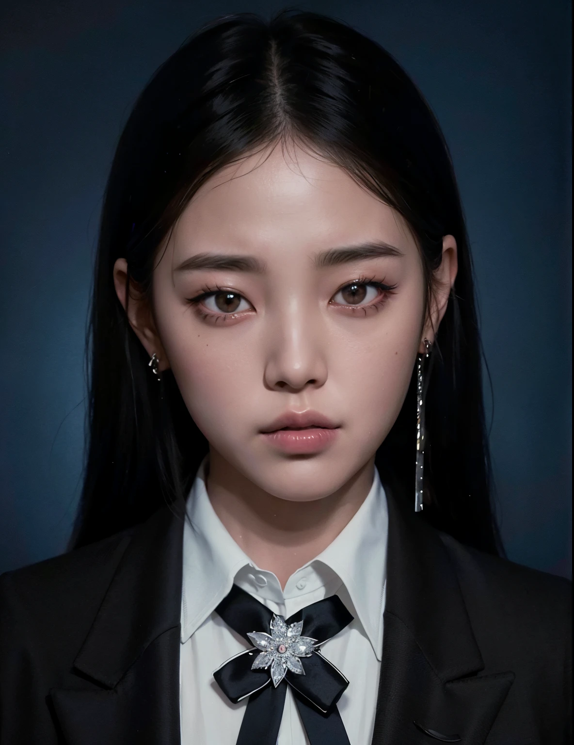 There is a woman wearing a black tie and white shirt., Jenny Blackpink, Portrait of Blackpink Josh, Josh is Blackpink, Portraits of K-Pop Idols, Portraits of Korean female idols, Jaeyeon Nam, Yanjun Chengt, Heonhwa Choi, Blackpink Roseanne Park, Taejun Kim, jimin park, Yoon Se-seon