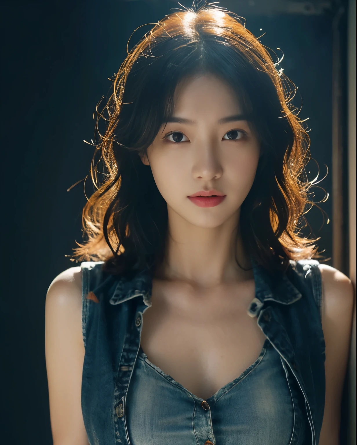 ((Medium bust, long hair, Small head)), sunlight, Sunlight, (Chiseled abdominal muscles: 1.1), (Perfect body: 1.1), (Short curly hair: 1.2), Auburn hair, collar, chain, Full body image, Dilapidated streets, Wearing a black vest, denim jacket, ((Extremely detailed CG 8k wallpaper), (extremely delicate and beautiful), (masterpiece), (best quality: 1.0), (Super Resolution: 1.0), Beautiful Lights, Perfect Lightning, Realistic shadows, [high resolution], Delicate skin, Super detailed