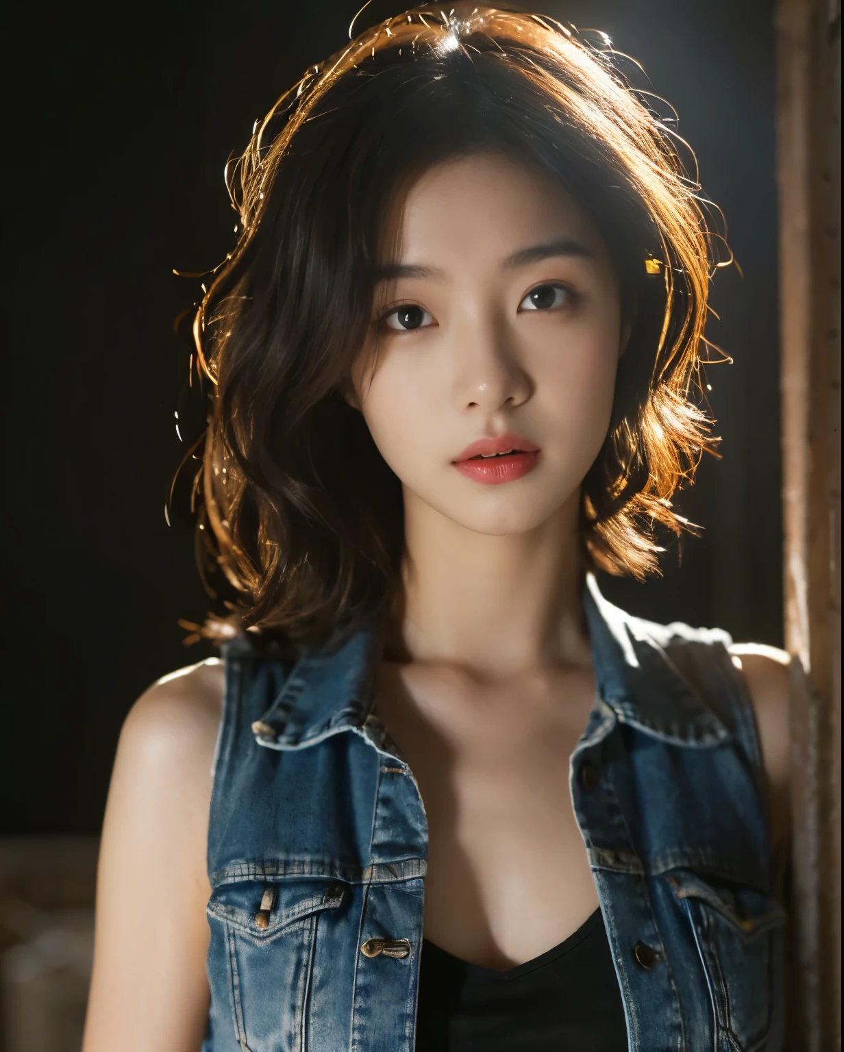 ((Medium bust, long hair, Small head)), sunlight, Sunlight, (Chiseled abdominal muscles: 1.1), (Perfect body: 1.1), (Short curly hair: 1.2), Auburn hair, collar, chain, Full body image, Dilapidated streets, Wearing a black vest, denim jacket, ((Extremely detailed CG 8k wallpaper), (extremely delicate and beautiful), (masterpiece), (best quality: 1.0), (Super Resolution: 1.0), Beautiful Lights, Perfect Lightning, Realistic shadows, [high resolution], Delicate skin, Super detailed