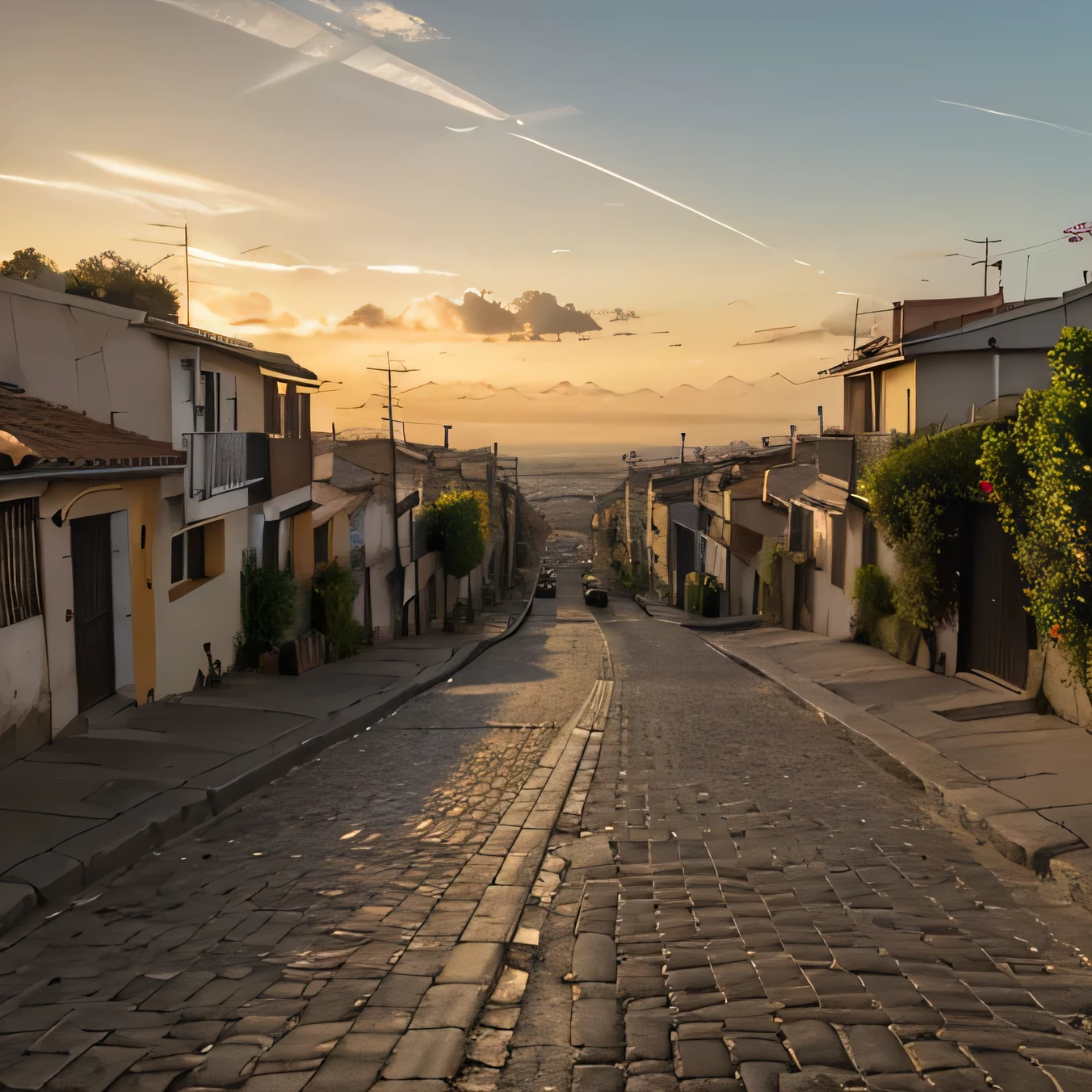 Claro, here is a detailed description of the cobblestone street at sunset:
---
La calle adoquinada se extiende suavemente hacia el horizonte, bathed in the warm golden tones of the sunset. Los adoquines, worn by time and marked by decades of stories and memories, reflect the last rays of the sun that fade in the sky. Las sombras alargadas de los edificios antiguos se proyectan sobre la calle, creando un juego de luces y sombras que dan vida al paisaje urbano.
A lo largo de la calle, las fachadas de los edificios de piedra se iluminan con una suave tonalidad dorada, mientras que las enredaderas trepadoras se entrelazan en las paredes, adding a touch of freshness and vitality to the scene. Las farolas antiguas, with its warm flickering lights, marcan el camino, offering a feeling of security and warmth in the twilight of the evening.
A medida que avanzas por la calle, el murmullo de la vida urbana se desvanece, replaced by the soft whisper of the wind that caresses the leaves of the trees and stirs the tufts of grass that grow between the cobblestones. El aroma a tierra mojada y flores en flor llena el aire, permeating every corner of the street with a feeling of serenity and peace.
En el horizonte, the sun slowly sinks behind the buildings, painting the sky with orange and pink tones that mix in a soft and ethereal gradient. Las nubes, dispersas en el firmamento, capture the last glimpses of daylight, transforming into brushstrokes of gold and scarlet that adorn the canvas of the sky with an ephemeral and sublime beauty.
In this quiet corner of the city, el tiempo parece detenerse por un momento, permitiendo que los sentidos se empapen de la belleza y la serenidad del atardecer. It is a moment of calm and contemplation, where the soul finds comfort and the heart is filled with gratitude for the wonder of the world around us.
--- I hope this description is useful for cr