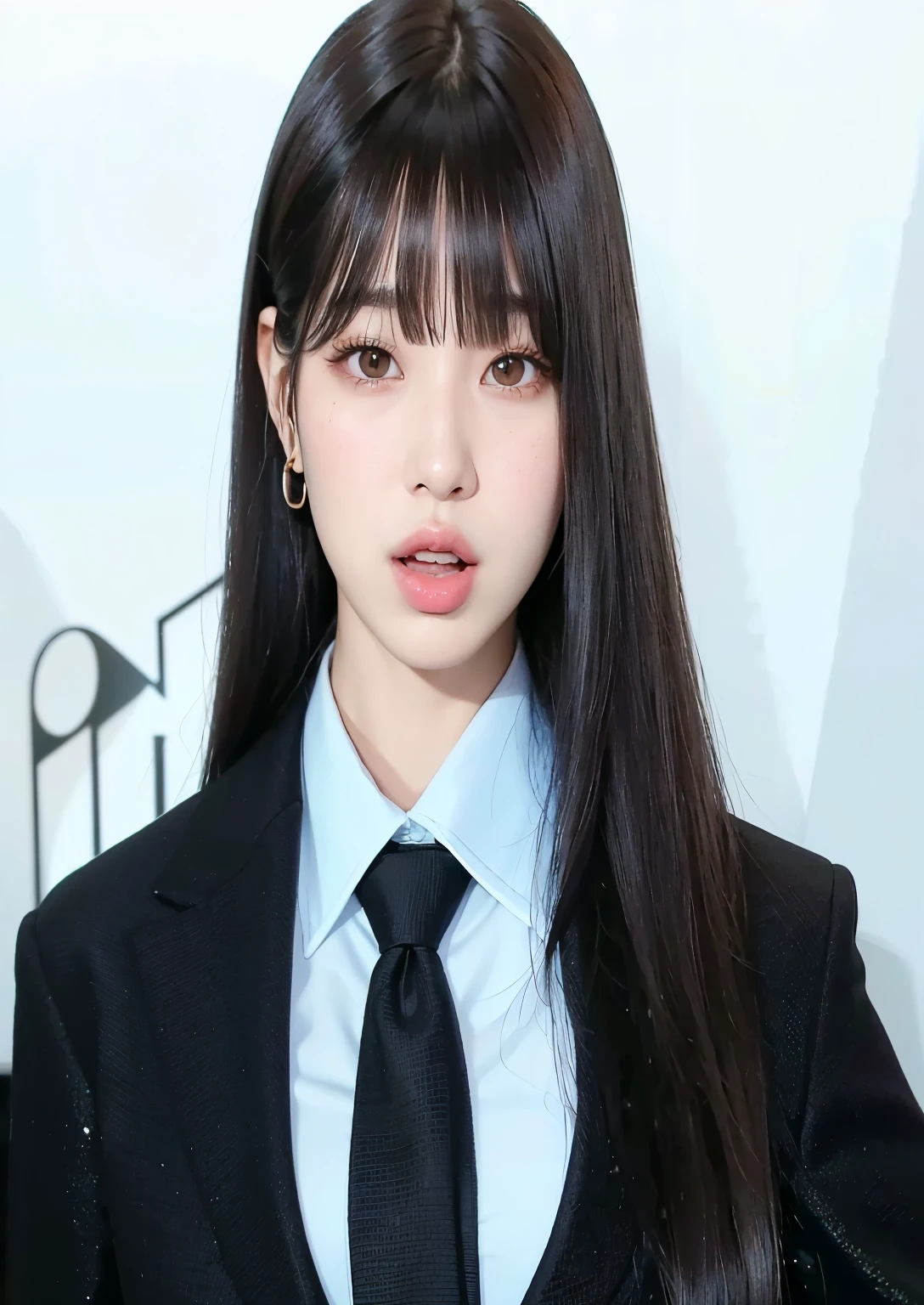 Arapé woman with long black hair wearing suit and tie, she has black hair Has bangs, Larisa Manoval, Has bangs, full of bangs, Larissa Manoban of Blackpink, portrait of Blackpink's Josh, neat hair Has bangs, middle parted bangs, Blackpink's Josh, long hair full of bangs, IU