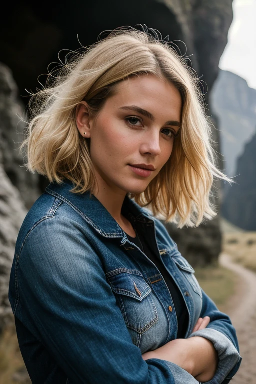 Foto einer Frau, (besorgter Gesichtsausdruck), Strukturierte Haut, Goose flesh, blonde Afro-Haare, kariertes Flanellhemd mit Distressed-Boyfriendjeans, Cowboy-Schuss, dark and mysterious cave with unique rock formations and hidden wonders, perfekte Augen, (Kerzenlicht,Chiaroscuro), 160 Farbhalter, gedreht mit ARRI ALEXA 65, bokeh, scharfer Fokus auf das Motiv, gedreht von Don McCullin