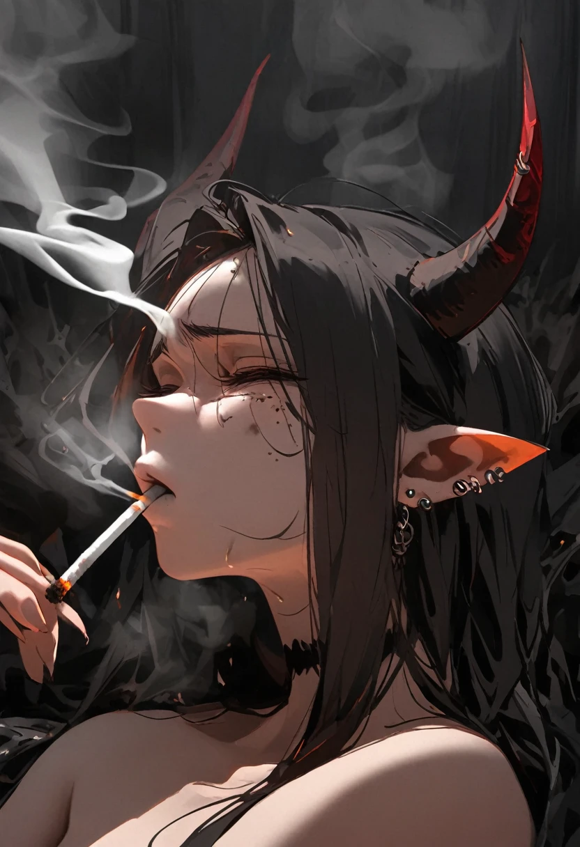 a succubus masturbating, touching her pussy, eating cigarette ash, mouth wide open, tongue, sticking out, ash on tongue, on the bed, pain, agony, devil horns, rapidly smoking cigarettes, SMOKE IN MOUTH, lots of cigarette ash, pierced nipples, nipple piercing