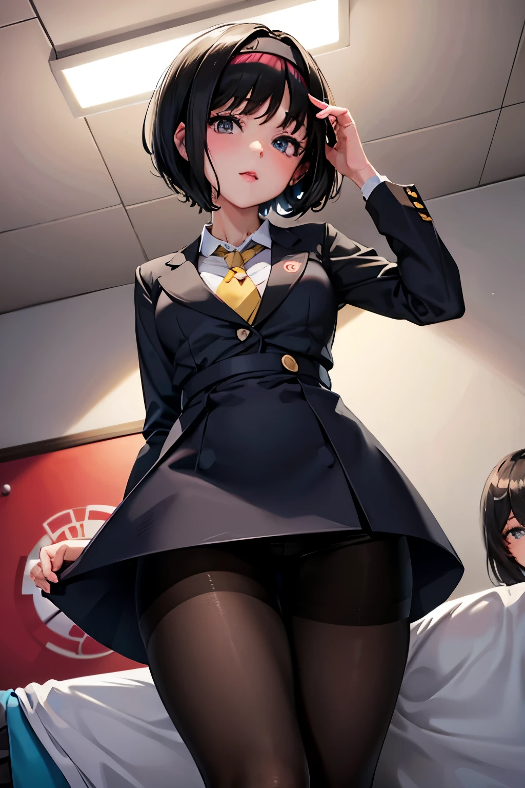 Erica、Pokémon、Black Hair、Short Hair、((pantyhose))、Photo from below、Medium chest、Bedroom、One girl、((Cabin attendant))、Pencil Skirt