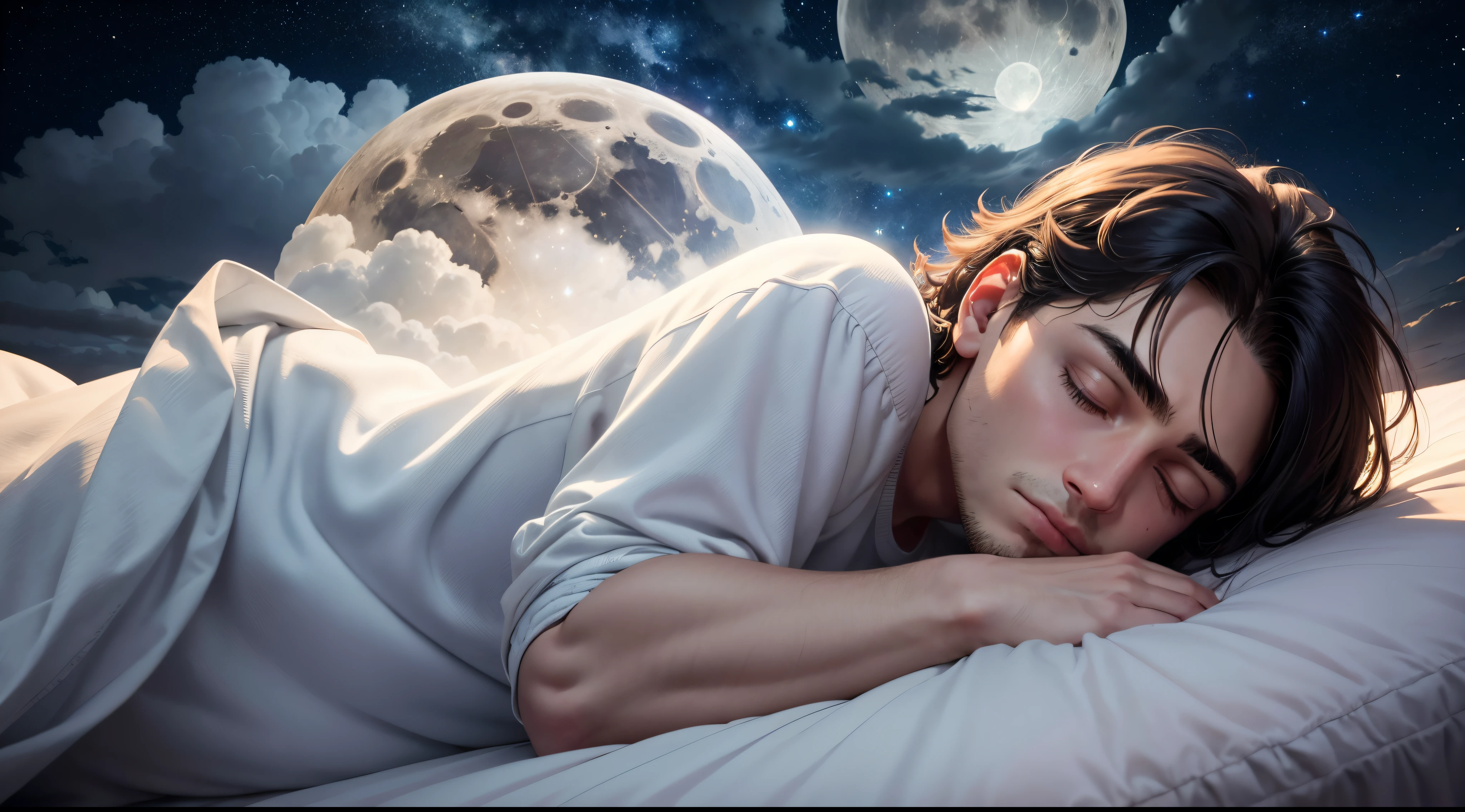 closeup de um homem dormindo de lado, in the clouds in the shape of a mattress, with the full moon in the background and the starry sky and creating a flare effect. A foto tem uma profundidade de campo rasa, um ISO baixo e uma velocidade do obturador alta para congelar o movimento