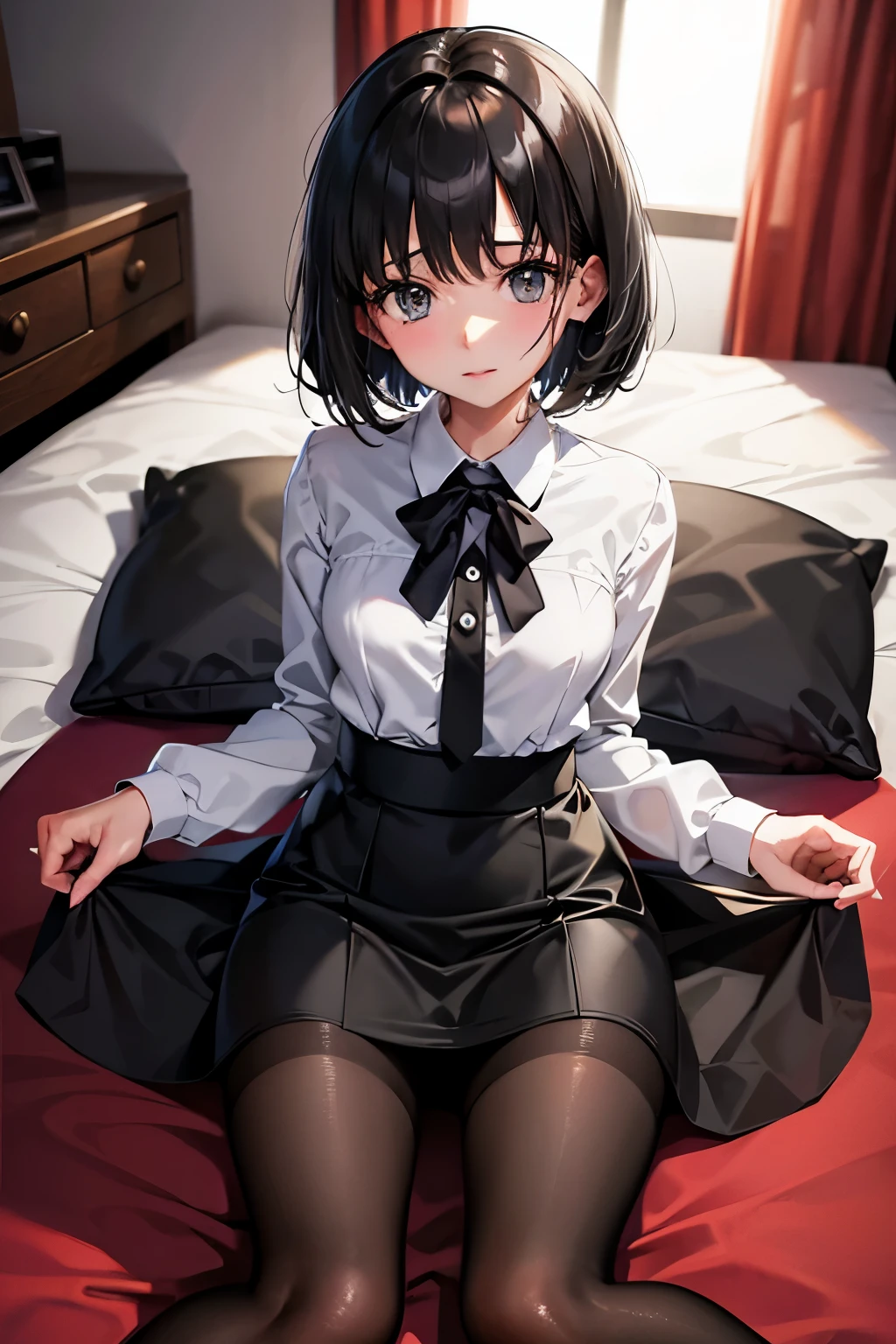 Erica、Pokémon、Black Hair、Short Hair、((pantyhose))、Photo from below、Medium chest、Bedroom、One girl、((Cabin attendant))、Pencil Skirt