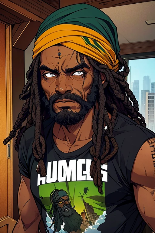 homem, negro, barba longa, dreads, bandana verde escuro, apocalipse zumbi, cidade destruida, usando camiseta preta