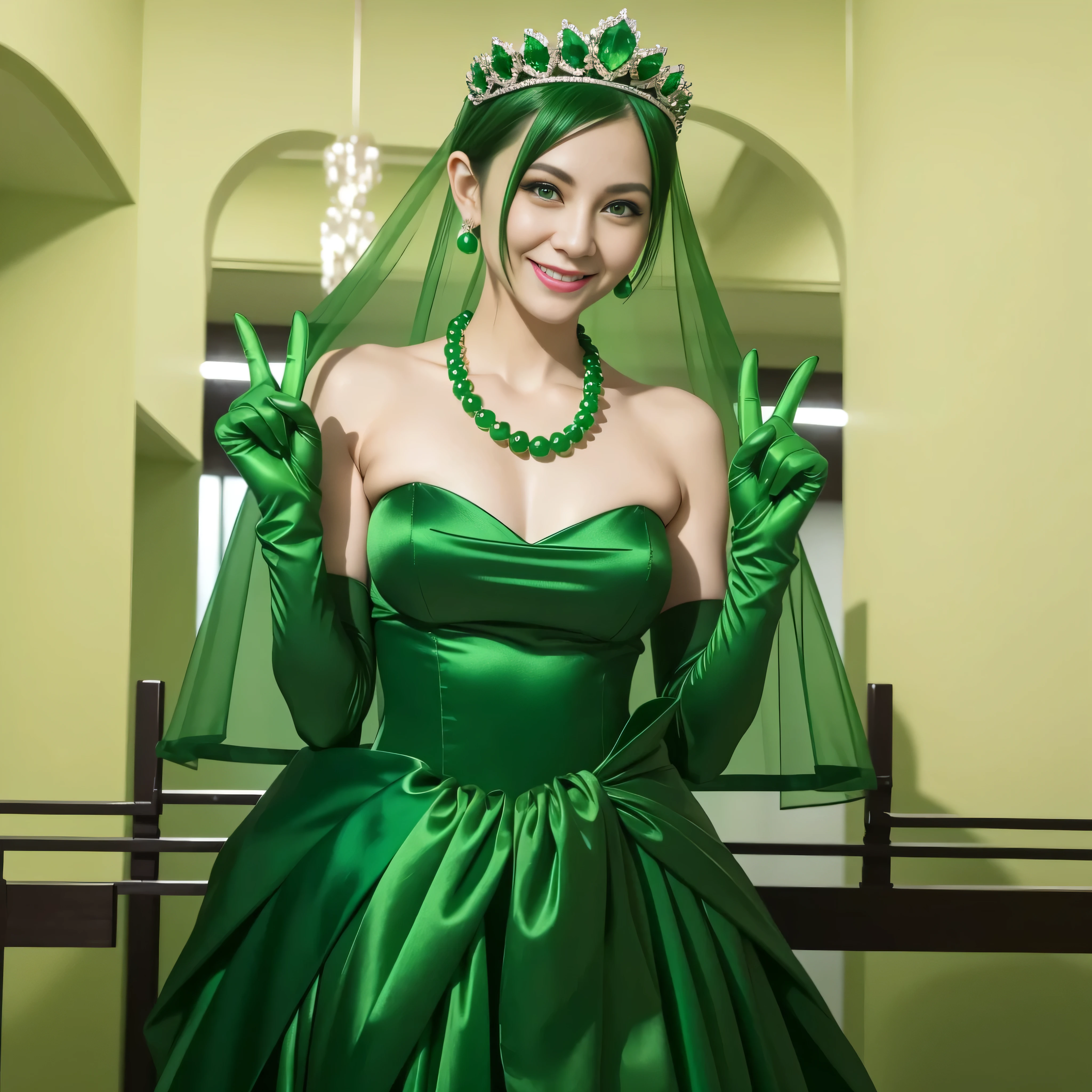 Emerald tiara, Green Pearl Necklace, Boyish very short green hair, lipstick, Smiling Japan woman in her 30s, Very short hair, Big and beautiful, Green Eyes, Long green satin gloves, Big Breasts, V sign, Emerald Earrings, Green veil
