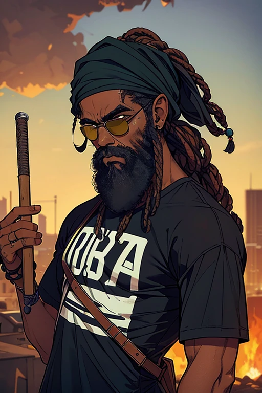 homem, negro, barba longa, dreads, bandana verde escuro, apocalipse zumbi, cidade destruida, usando camiseta preta