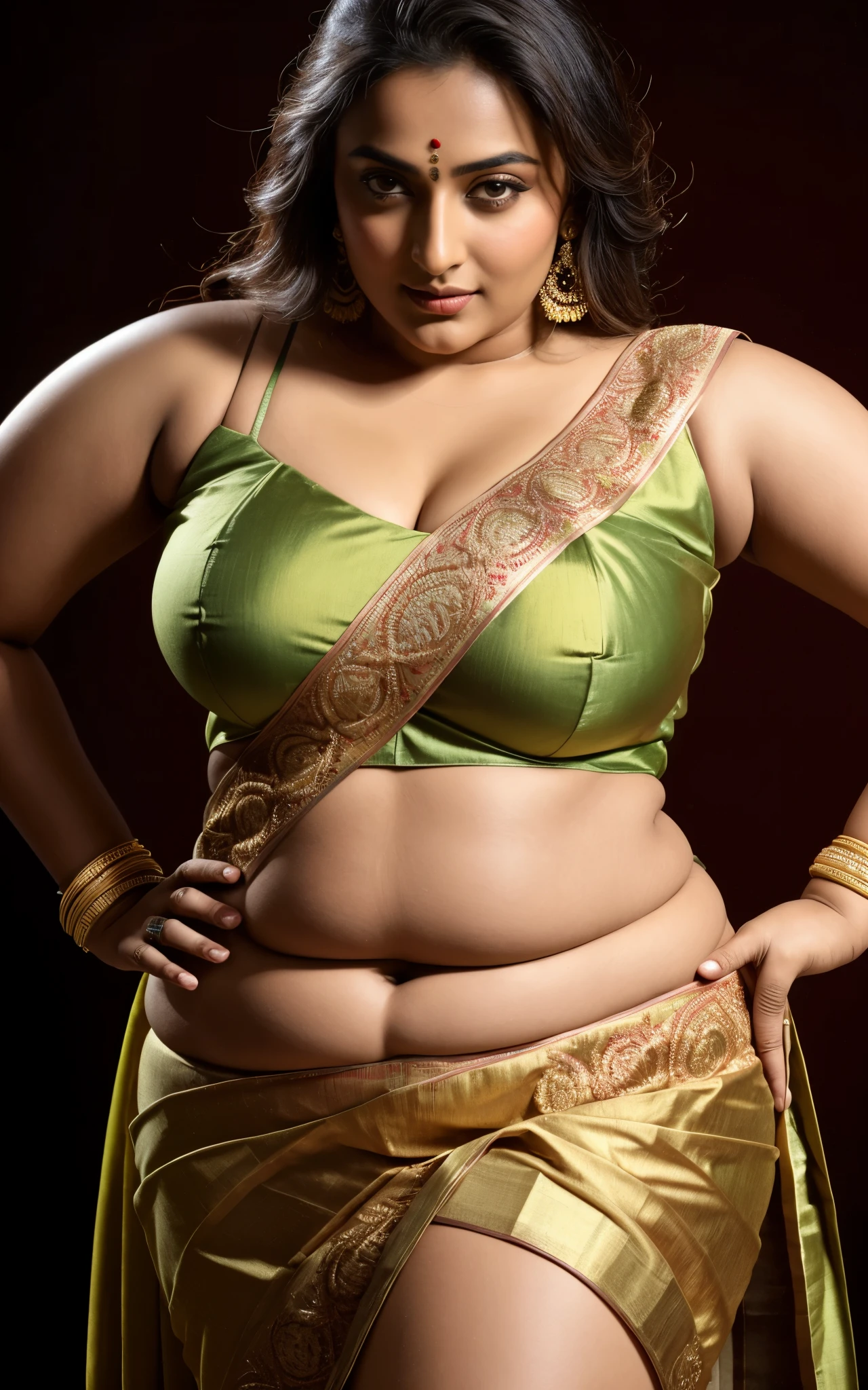 Foto RAW, photorealistic, photography, full body shot, master shot, perfect eyes, goddess like beauty, pierced eyes, perfect thick chubby mallu Desi aunty bhabhi, Wearing a Stanapatta, a chest-band.Saree model, model Photography, Indian saree shoot, Indian traditional wear advertising photography, traditional wear brand shoot, face of Indian actress Sonakshi Sinha, masterpiece, realistic, realism, incredible details, pleasure, photorealism, detailed skin, skin pores, high contrast, photorealistic Artstation 8k HD digital art trend of high definition and detailed realistic skin texture, ultra detail, realistic skin texture, armature, best quality, ultra high definition, (photorealistic:1.4),, high resolution, detail, raw photo, sweat, Re sharp, by Lee Jefferies Nikon D850 Film Stock Photo 4 Kodak Portra 400 Camera F1.6 Lens Rich Color Ultra Real Realistic Realistic Textures Dramatic Lighting Unreal Engine Trending at Art Station Cinestill 800,(pele altamente detalhada: 1.2), 8k UHD, DSLR, soft-lighting, alta qualidade, grain of film, Fujifilm XT3,she didn't like to wear blouse or bra, she is happy to wear only saree, she hates blouse or bra, detailed hairy armpits, hyper realistic skin, skin pores, sweat, veins,