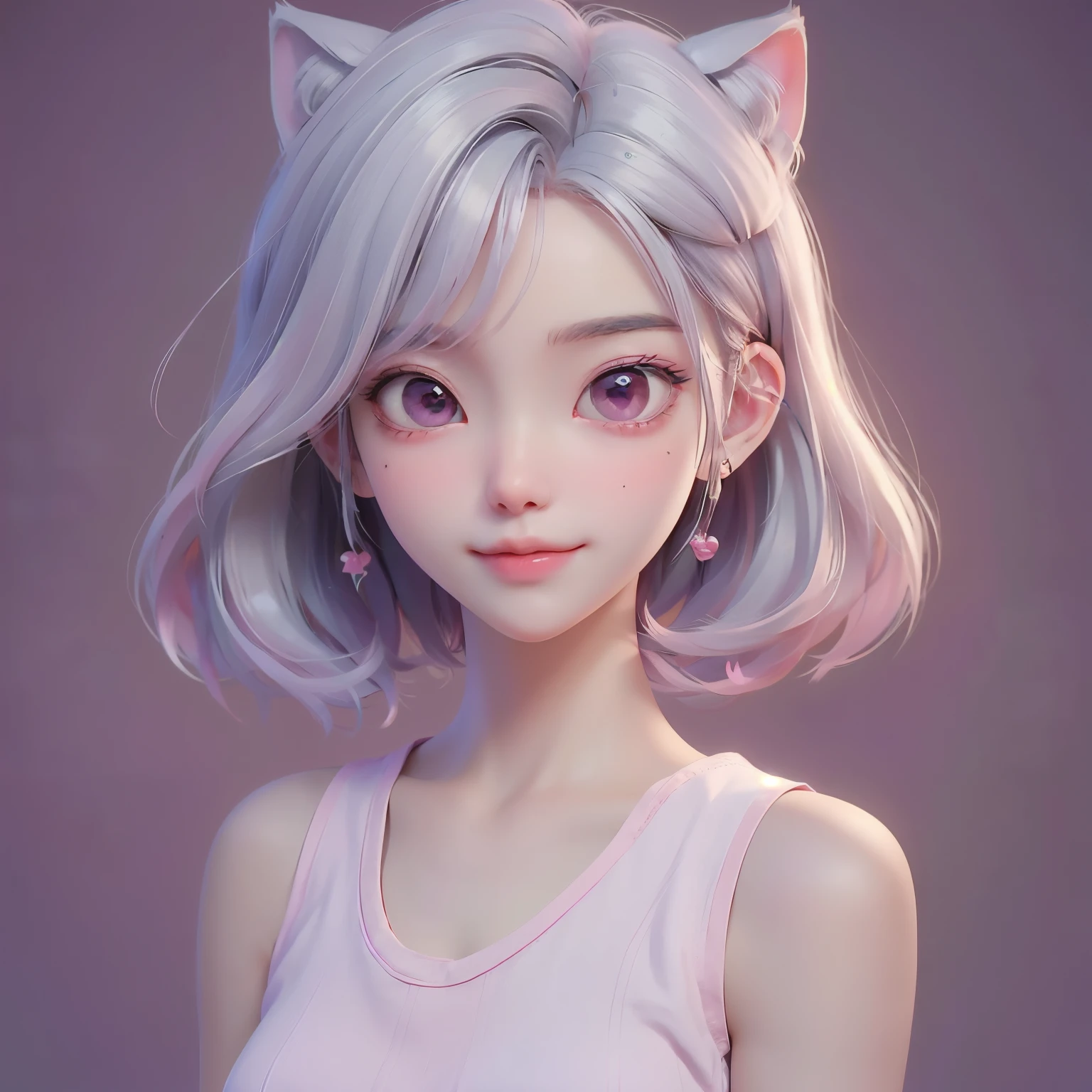 ((best quality)), ((masterpiece)), (detailed), perfect face. White hair. Short hair. Anime girl. Pink eyes. Nekomimi. Smile. Pink tanktop. 