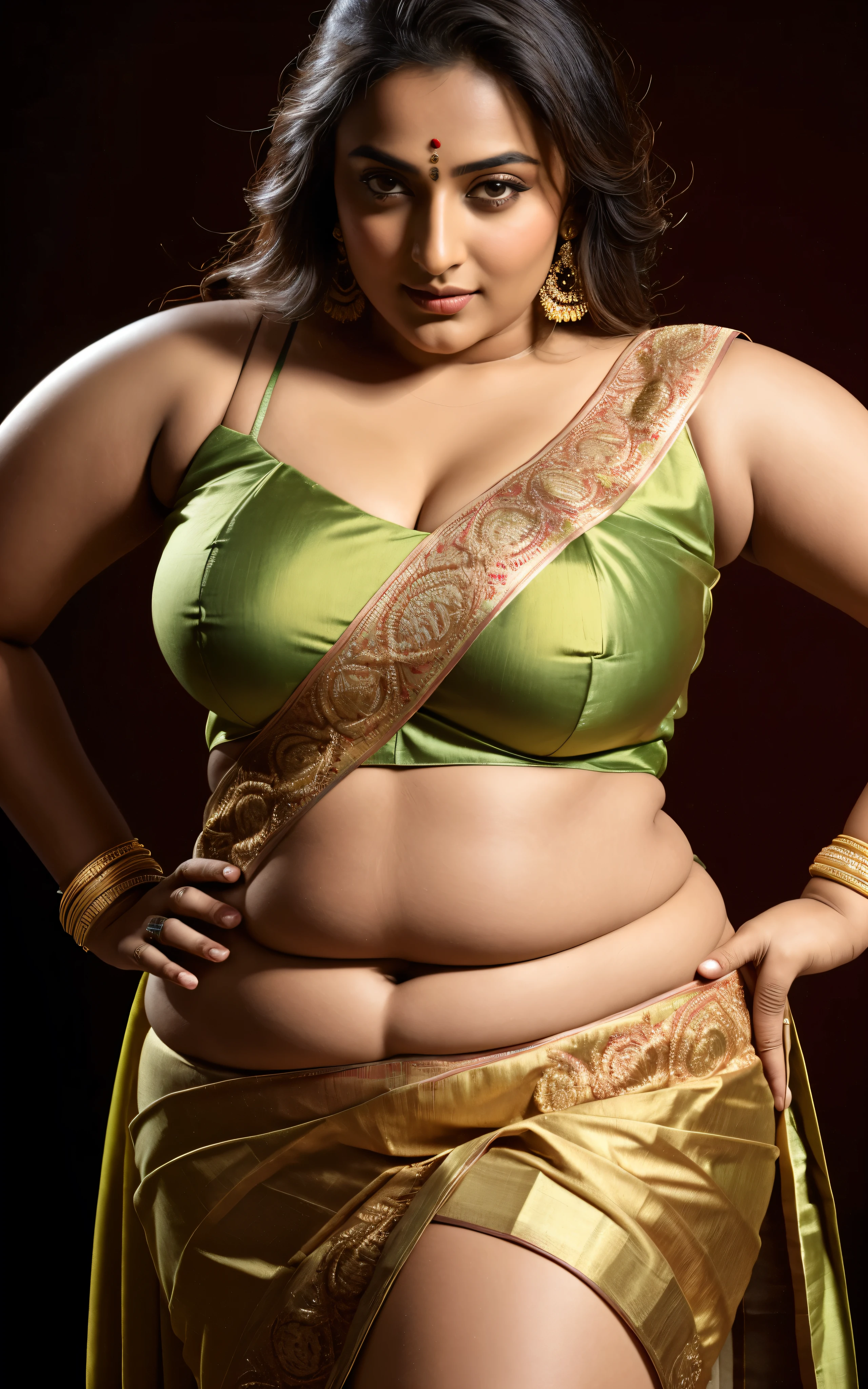 Foto RAW, photorealistic, photography, full body shot, master shot, perfect eyes, goddess like beauty, pierced eyes, perfect thick chubby mallu Desi aunty bhabhi, Wearing a Stanapatta, a chest-band.Saree model, model Photography, Indian saree shoot, Indian traditional wear advertising photography, traditional wear brand shoot, face of Indian actress Sonakshi Sinha, masterpiece, realistic, realism, incredible details,  pleasure, photorealism, detailed skin, skin pores, high contrast, photorealistic Artstation 8k HD digital art trend of high definition and detailed realistic skin texture, ultra detail, realistic skin texture, armature, best quality, ultra high definition, (photorealistic:1.4),, high resolution, detail, raw photo, sweat, Re sharp, by Lee Jefferies Nikon D850 Film Stock Photo 4 Kodak Portra 400 Camera F1.6 Lens Rich Color Ultra Real Realistic Realistic Textures Dramatic Lighting Unreal Engine Trending at Art Station Cinestill 800,(pele altamente detalhada: 1.2), 8k UHD, DSLR, soft-lighting, alta qualidade, grain of film, Fujifilm XT3,she didn't like to wear blouse or bra, she is happy to wear only saree, she hates blouse or bra, detailed hairy armpits, hyper realistic skin, skin pores, sweat, veins, 