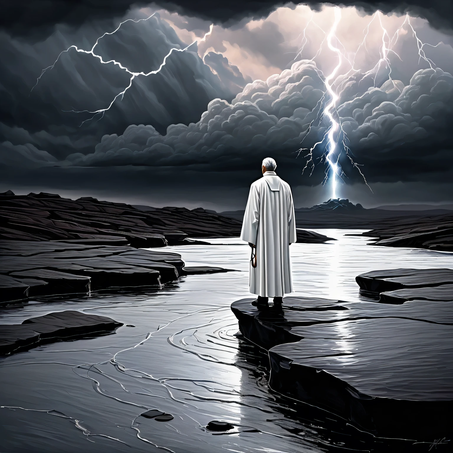 ((Liquid Metal Art)), the painting is painted with liquid metal on textured paper and depicts a beautiful minimalistic landscape with a White Priest of Light standing on a lonely rock, Liquid Metal White Priest of Light looks ominous and gloomy, in the background a gloomy sky with clouds and lightning, the painting is made of liquid metal, Metal, the work of a master, clear contours, 32 carats