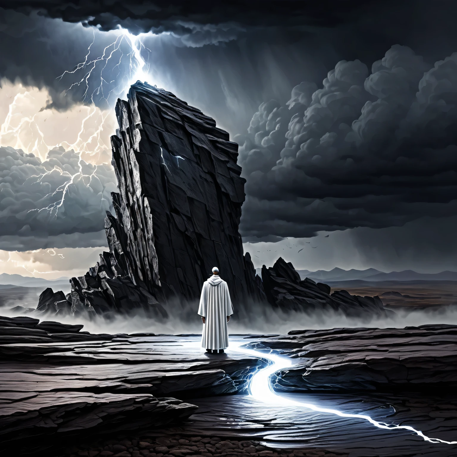 ((Liquid Metal Art)), the painting is painted with liquid metal on textured paper and depicts a beautiful minimalistic landscape with a White Priest of Light standing on a lonely rock, Liquid Metal White Priest of Light looks ominous and gloomy, in the background a gloomy sky with clouds and lightning, the painting is made of liquid metal, Metal, the work of a master, clear contours, 32 carats