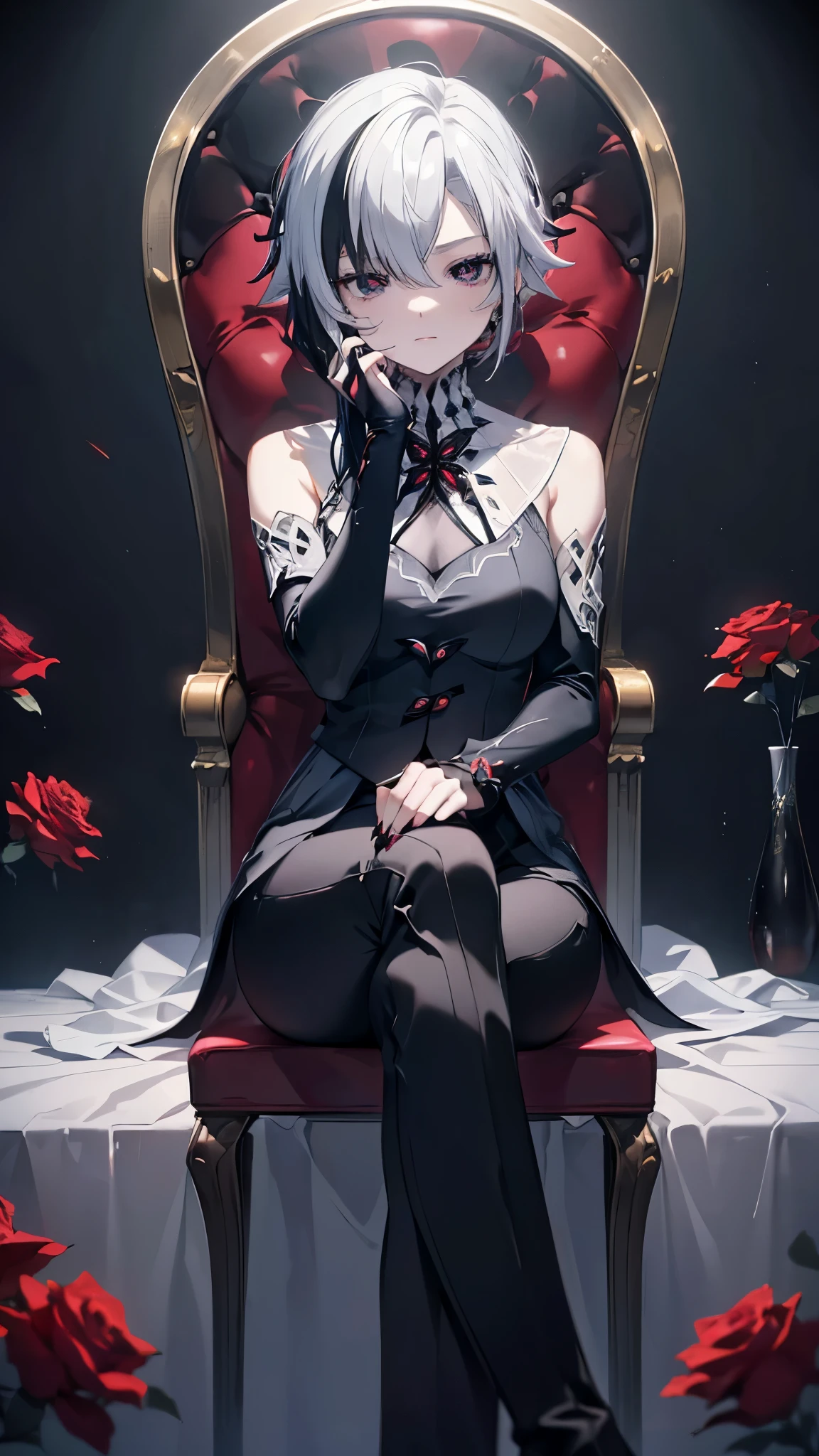 (masterpiece, top quality, best quality, official art, beautiful and aesthetic:1.2),(8k, best quality, masterpiece:1.2), (((masterpiece))),(((best quality))),(((extremely detailed))),illustration,who, (masterpiece, top quality, best quality, official art, beautiful and aesthetic:1.2),(8k, best quality, masterpiece:1.2), 1girl, arlecchino \(genshin impact\), (x-shaped eyes, symbol shaped eyes, cross eyes), (masterpiece), best quality, (masterpiece, top quality, best quality, official art, beautiful and aesthetic:1.2), extremely detailed, highest detailed, arlecchino_\(genshin_impact\) 1girl, 1girl, solo, mature female, white hair, black hair, multicolored hair, x-shaped pupils, black eyes, dark red and black background, sitting, crossed legs, pants, juliet sleeves, head rest, elbow rest, expressionless, bored, squinting, sitting on throne, crossed legs, high heels,black roses, red roses abstract background, glitch, glitching, static noise, glitching background, loomy, 