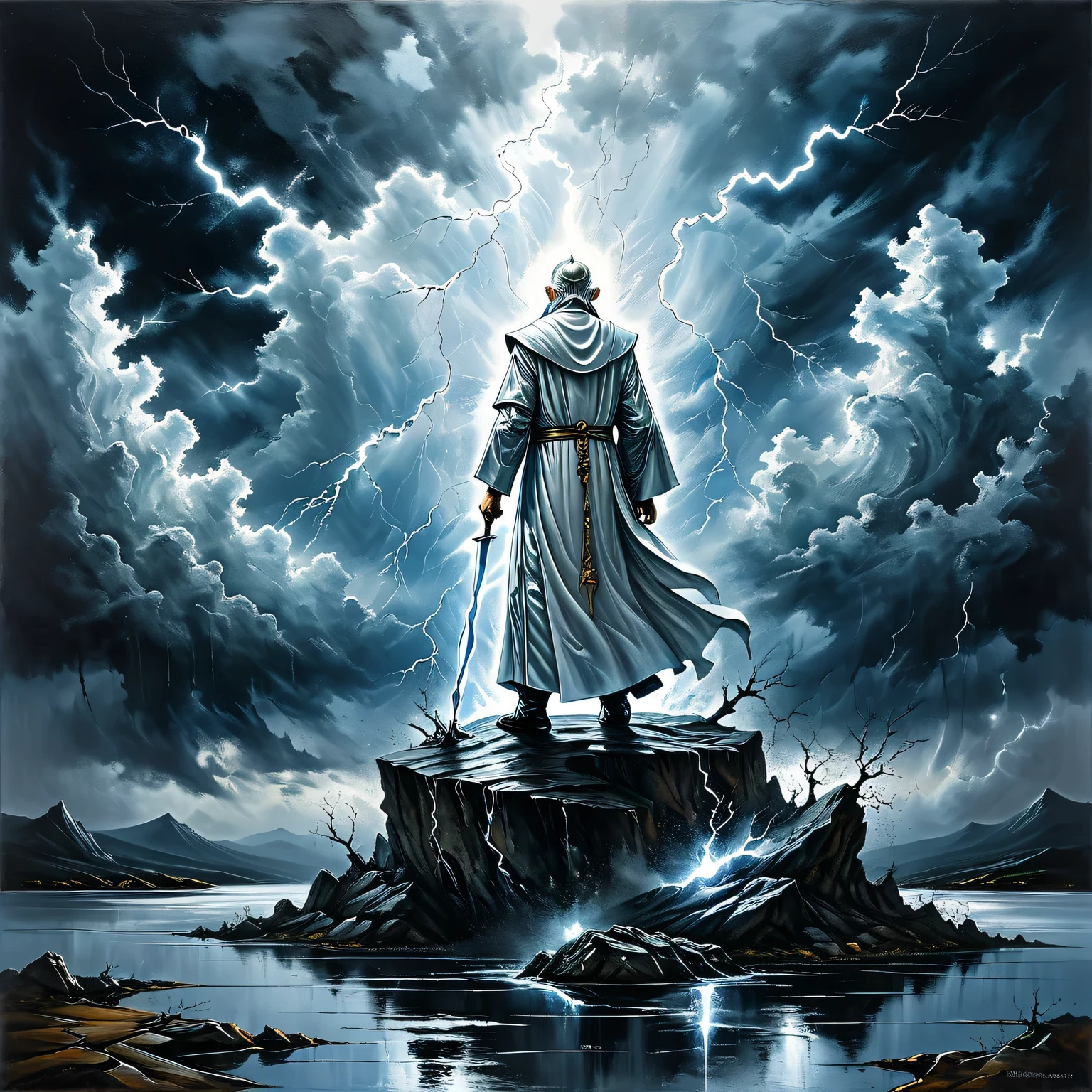 ((Liquid Metal Art)), the painting is painted with liquid metal on textured paper and depicts a beautiful minimalistic landscape with a White Priest of Light standing on a lonely rock, Liquid Metal White Priest of Light looks ominous and gloomy, in the background a gloomy sky with clouds and lightning, the painting is made of liquid metal, Metal, the work of a master, clear contours, 32 carats