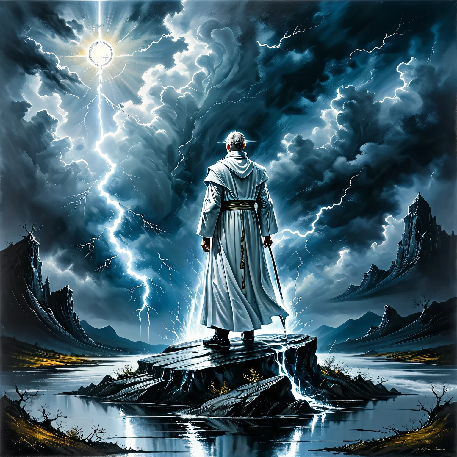 ((Liquid Metal Art)), the painting is painted with liquid metal on textured paper and depicts a beautiful minimalistic landscape with a White Priest of Light standing on a lonely rock, Liquid Metal White Priest of Light looks ominous and gloomy, in the background a gloomy sky with clouds and lightning, the painting is made of liquid metal, Metal, the work of a master, clear contours, 32 carats