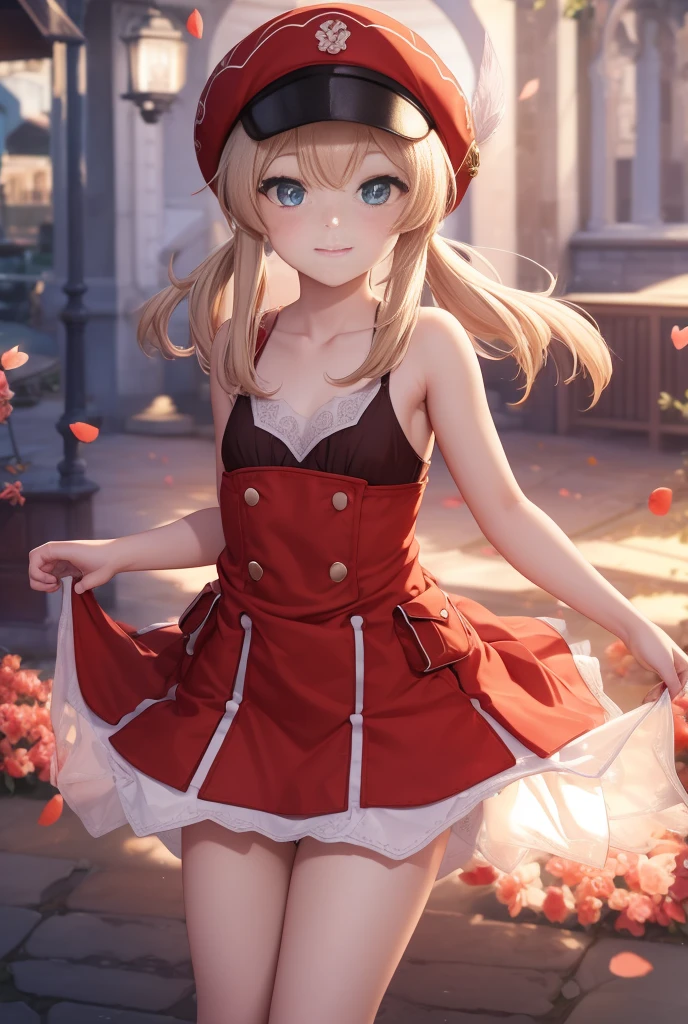 clay, blush, smile, Usual clothes, Red clothes, Red Hat, Combat Uniform, , The back is very smal, Lolita, Small breasts, Show me your armpits, exterior: 14 years old, Shoulder avicle is visible, Sexy thighs, Beautiful feet, Usual hairstyle, highest quality, High resolution, unity 8k wallpaper, (shape:0.8), (Beautiful and beautiful eyes:1.6), Highly detailed face, Perfect lighting, Extremely detailed CG, (Perfect hands, Perfect Anatomy),