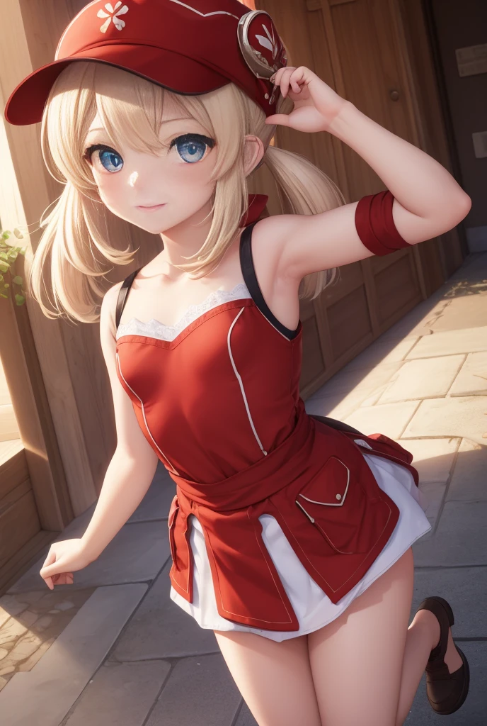 clay, blush, smile, Usual clothes, Red clothes, Red Hat, Combat Uniform, , The back is very smal, Lolita, Small breasts, Show me your armpits, exterior: 14 years old, Shoulder avicle is visible, Sexy thighs, Beautiful feet, Usual hairstyle, highest quality, High resolution, unity 8k wallpaper, (shape:0.8), (Beautiful and beautiful eyes:1.6), Highly detailed face, Perfect lighting, Extremely detailed CG, (Perfect hands, Perfect Anatomy),