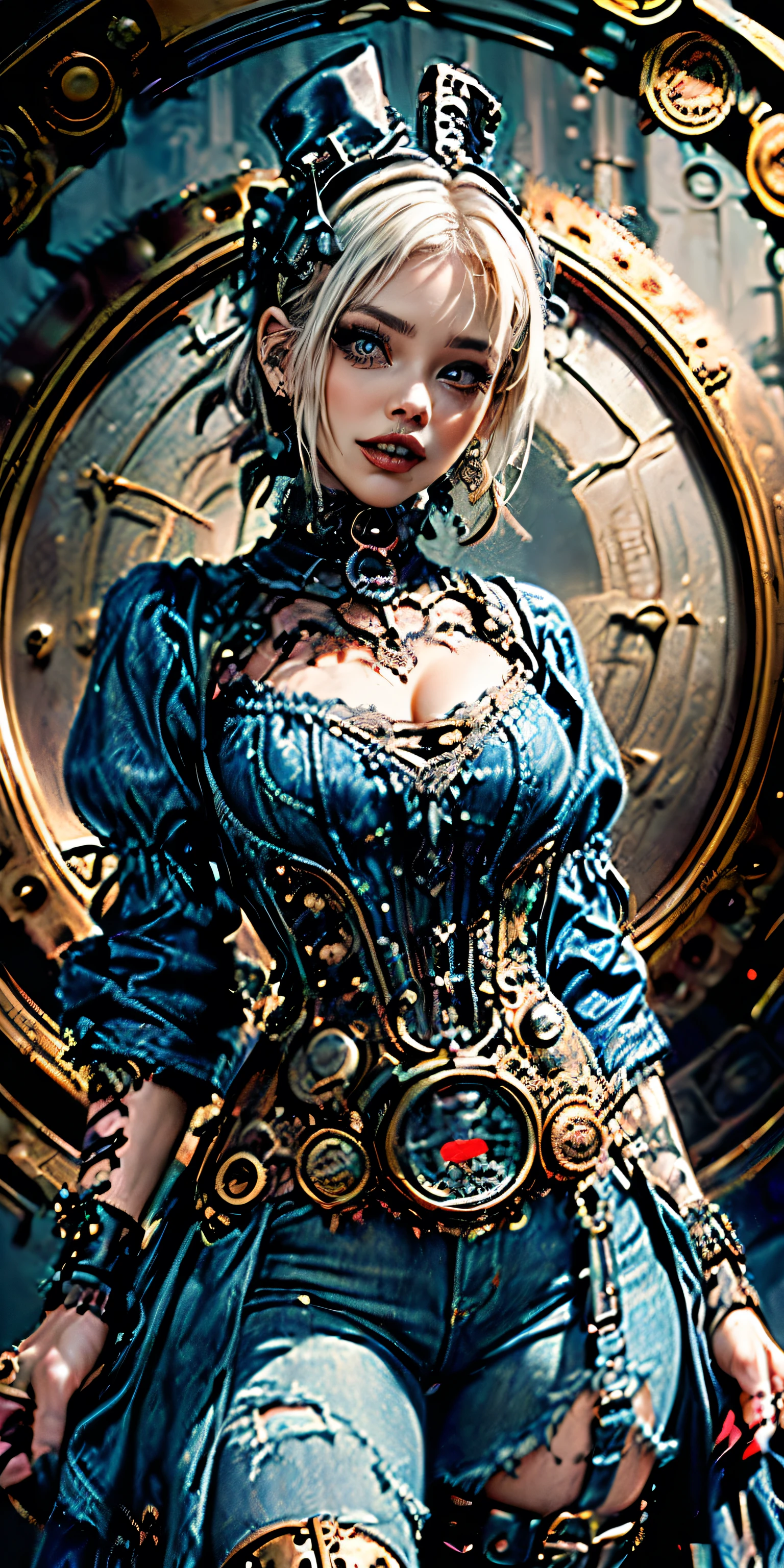 (sonrisa mostrando los dientes:1.3),(Shibuya gal:1.5)、(ta punk rock gothic :1.4 )、(moda gotica:1.4)、(neogothic:1.3)、(Fine-grained denim vestido:1.4 )、(Vistiendo una sirvienta steampunk detallada en mezclilla y blanco.:1.5)、! Fondo de