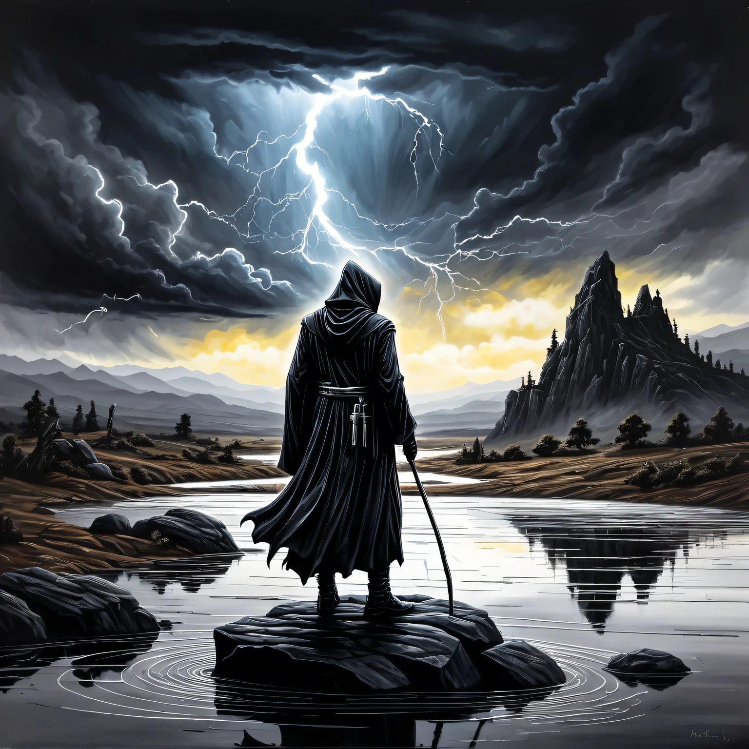 ((Liquid Metal Art)), the painting is painted with liquid metal on textured paper and depicts a beautiful minimalistic landscape with a Black Grim Reaper standing on a lonely rock, Liquid Metal Black Grim Reaper looks ominous and gloomy, in the background is a gloomy sky with clouds and lightning, the painting is made of liquid metal. Metal, masterwork, clear contours, 32 carats