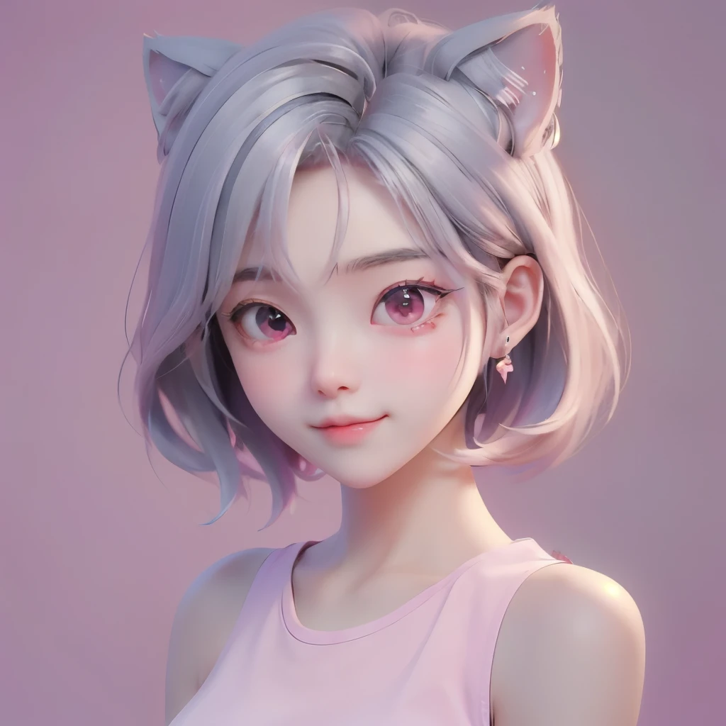 ((best quality)), ((masterpiece)), (detailed), perfect face. White hair. Short hair. Anime girl. Pink eyes. Nekomimi. Smile. Pink tanktop. Armpit.