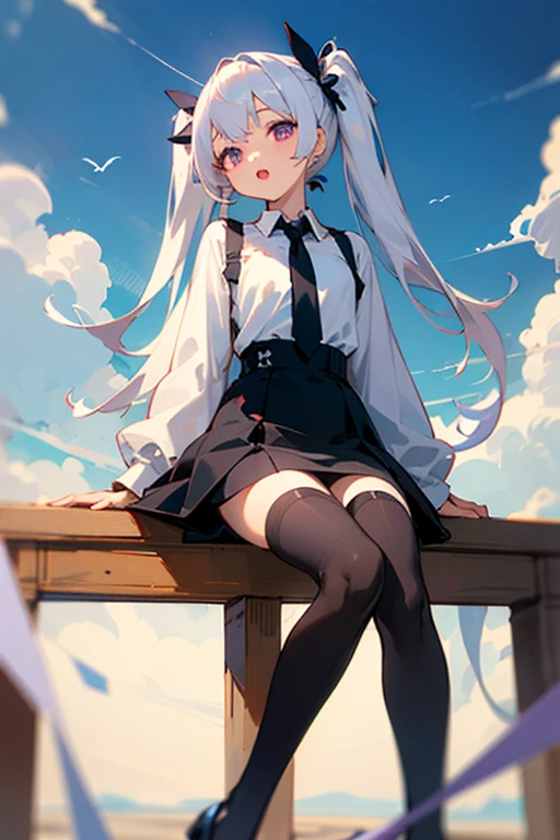 ((Best quality)), ((masterpiece)), ((detailed)), (smile:o), white hair, long hair, twin tail, purple eye, black dress and white shirt on top, black necktie, (1girl), black stocking, sit, clear sky