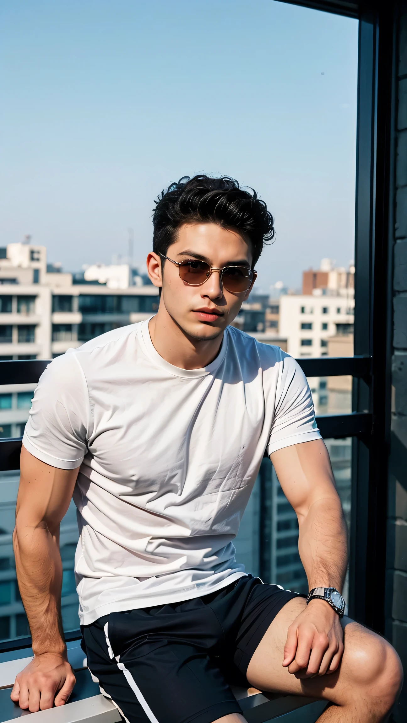 A stunning magazine-quality portrait of a 23-year-old man with a chiseled jawline, in workout clothes, shades, sitting on balcony of penthouse, daytime, American, dark curly hair