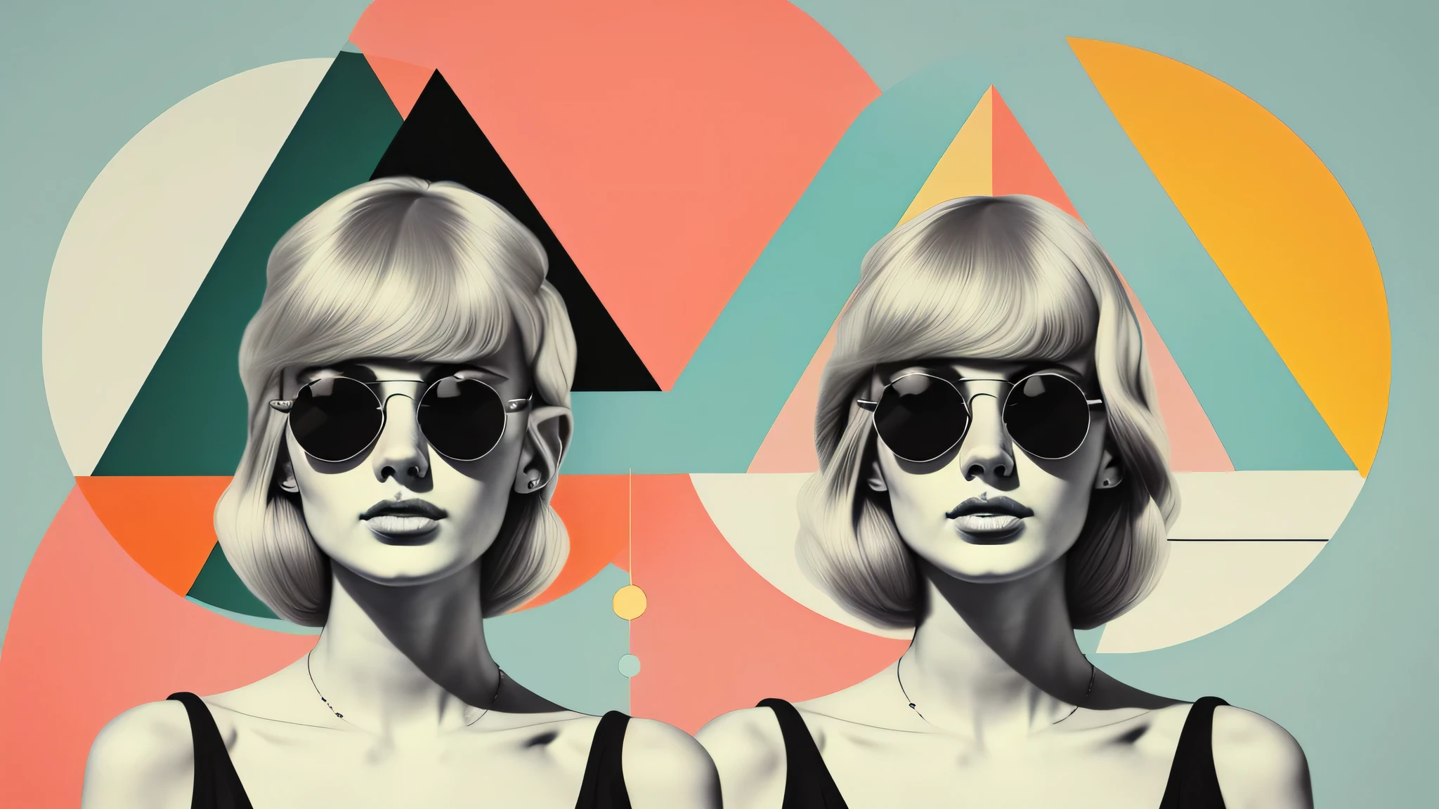 One Woman、There is a triangle and a crescent moon above his head.、Single blonde European woman wearing sunglasses with green circles on light blue background