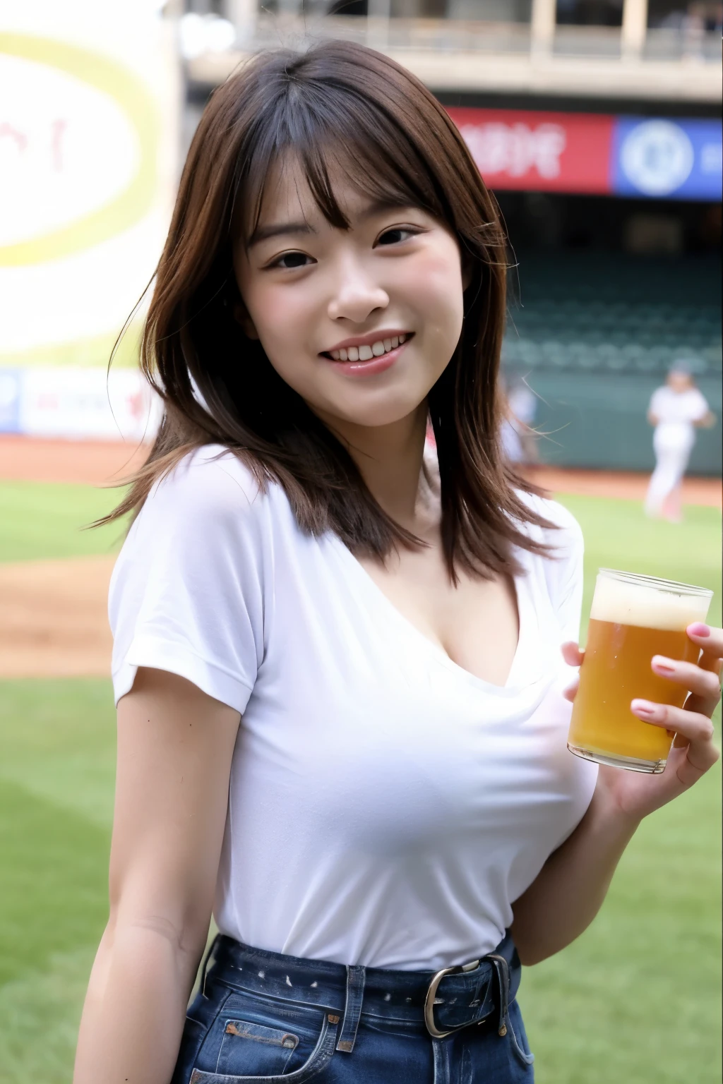 Please make the following image
<Output format
Square
2000px x 2000px

 <Detailed image requirements
A photo of a Japanese woman 
Big tits
About 20 years old
Smiling face
Not an AI beauty-like face, but a cute face of a real Japanese woman.
Her hair is cut short.
She is wearing a T-shirt and jeans, and her entire upper body is shown (including her belt).
He is holding a beer in his hand and has foam around his mouth because he just drank a beer.
A photo taken at a baseball game, with the bleachers in the background.
